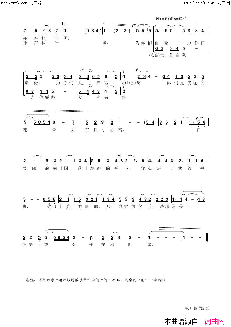 美丽花朵开在枫叶国简谱-刘佳演唱-朱闻理曲谱1