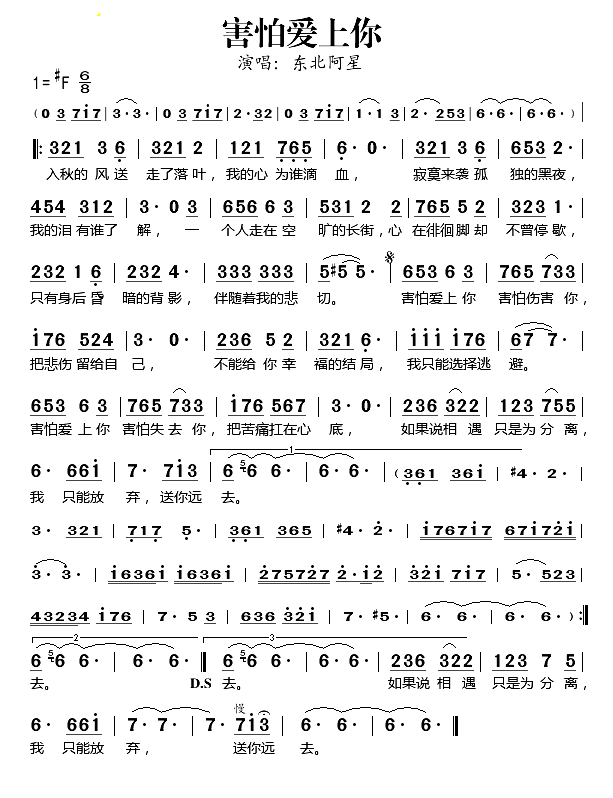 害怕爱上你简谱-东北阿星演唱1