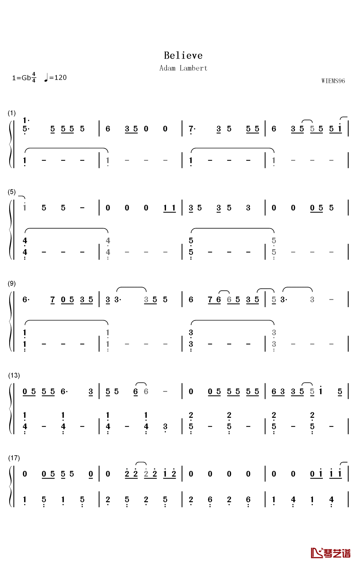 Believe钢琴简谱-数字双手-Adam Lambert1