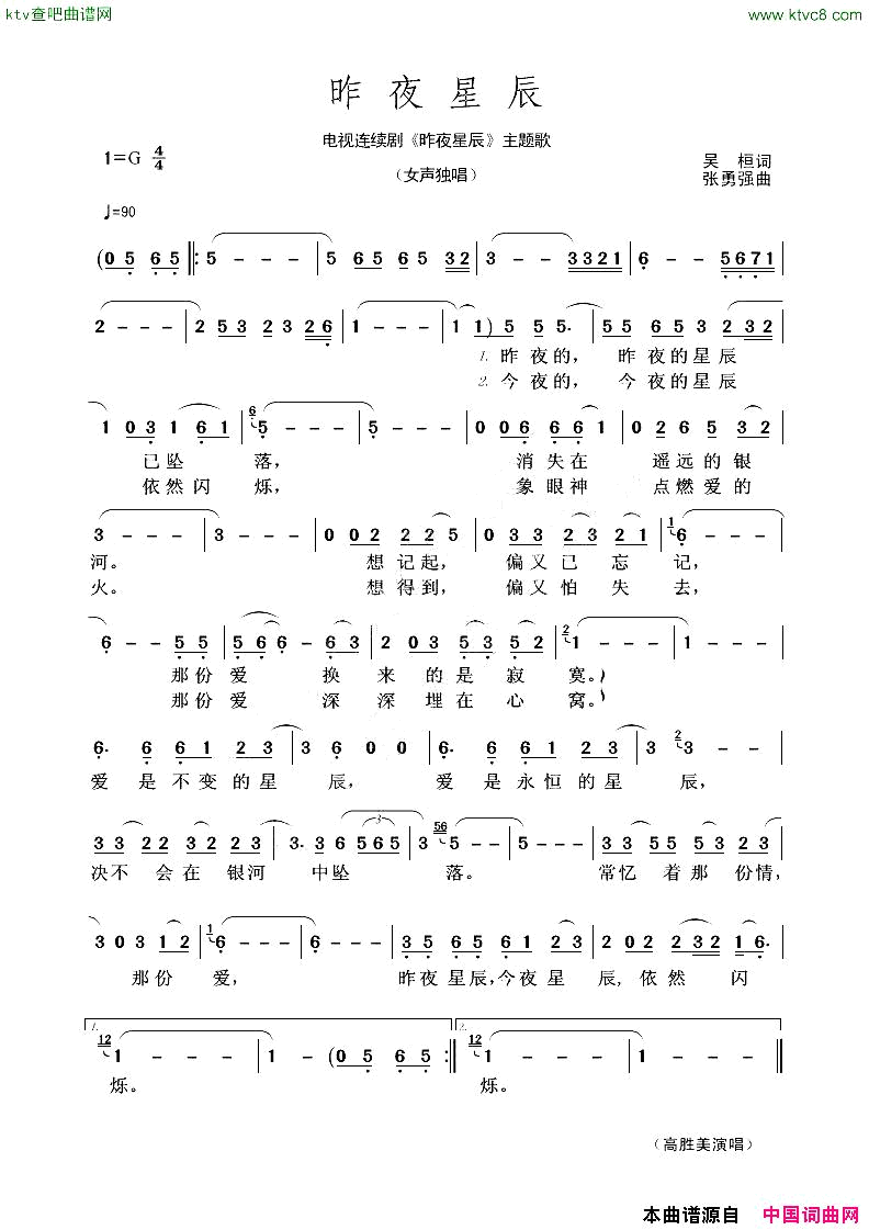 昨夜星辰电视连续剧《昨夜星辰》主题歌简谱1