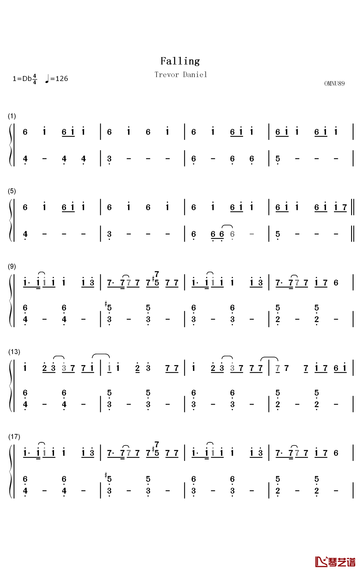 Falling钢琴简谱-数字双手-Trevor Daniel1