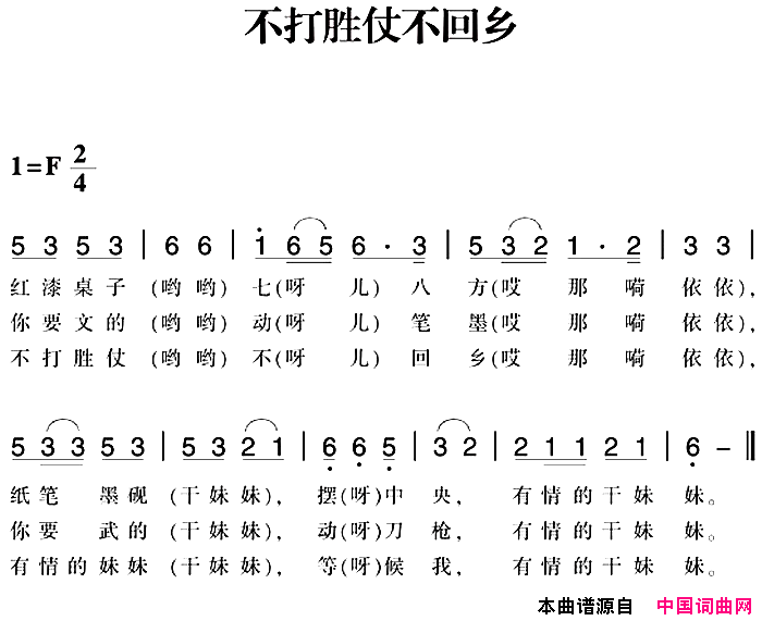 赣南闽西红色歌曲：不打胜仗不回乡简谱1