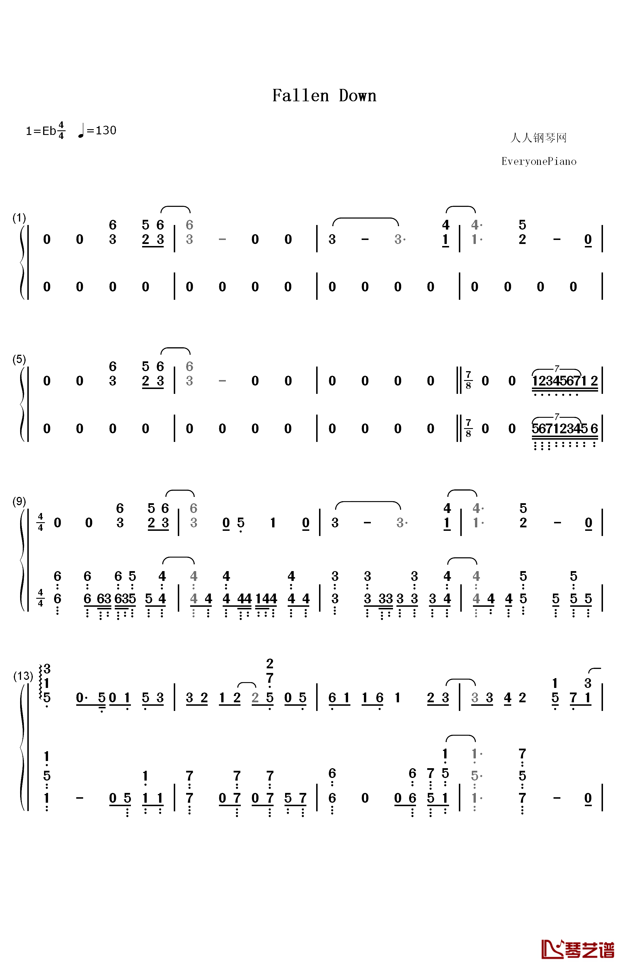 fallen down钢琴简谱-数字双手-イカロス（早见沙织）1