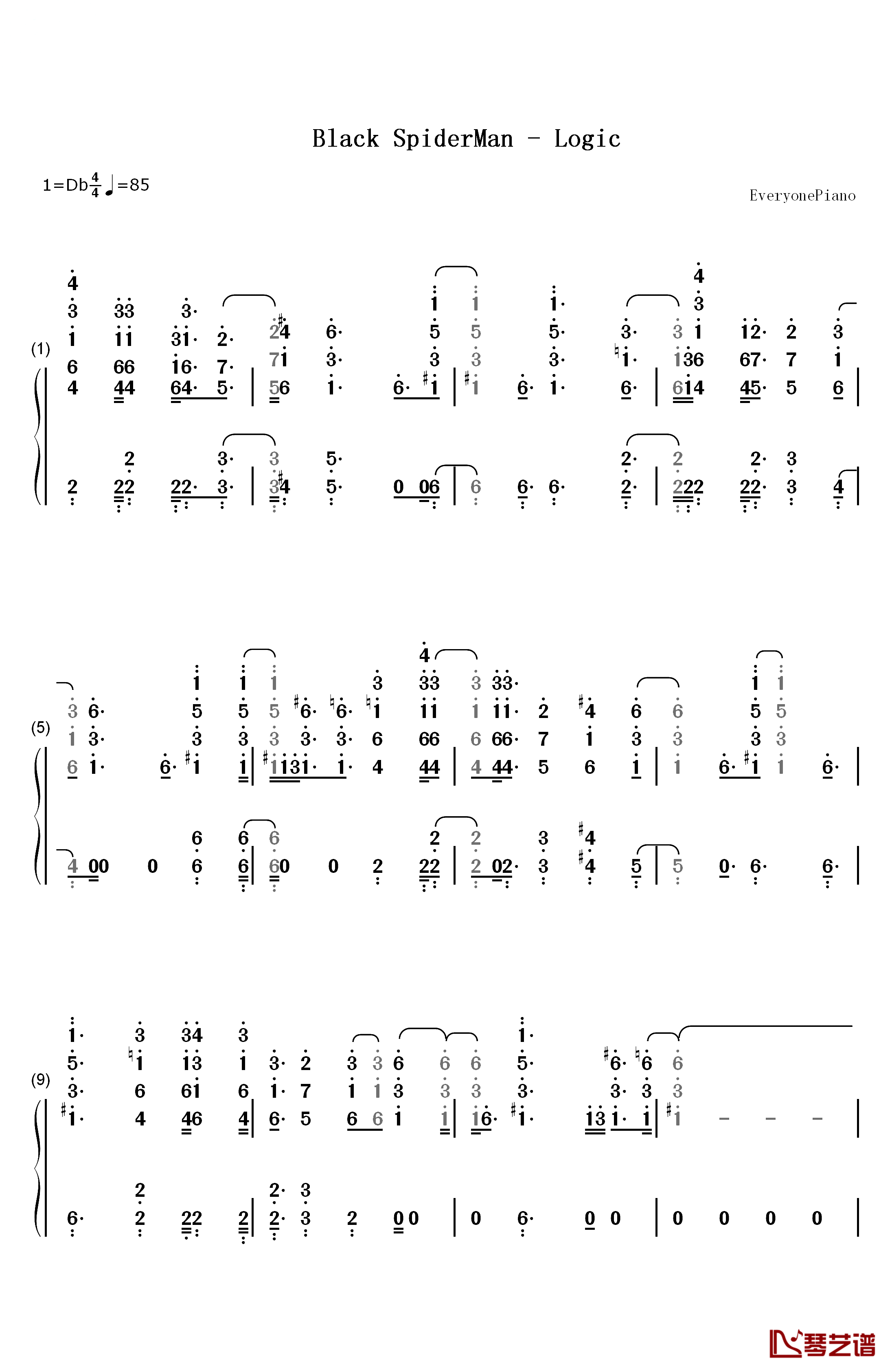 Black SpiderMan钢琴简谱-数字双手-Logic1