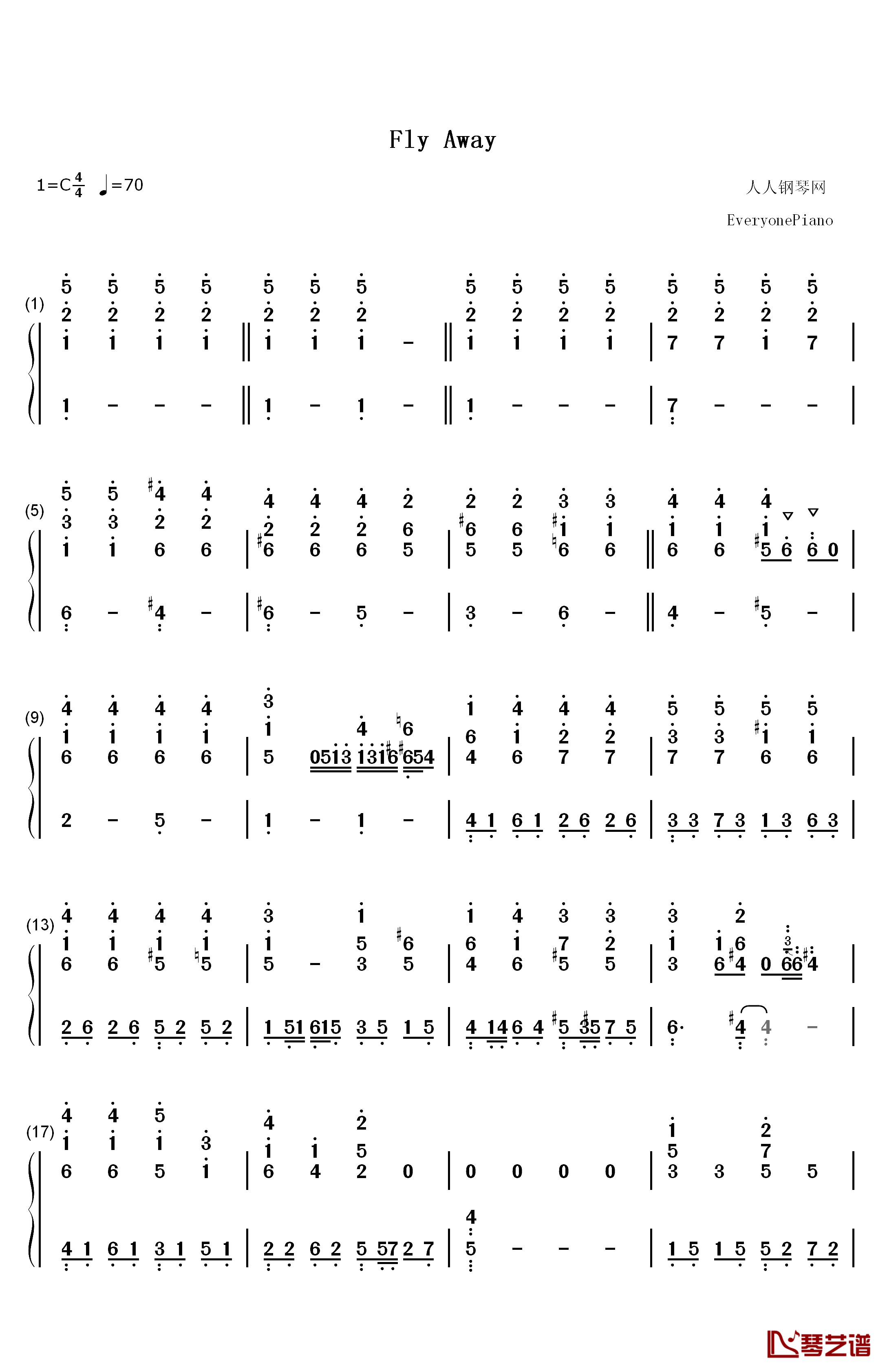 Fly Away钢琴简谱-数字双手-梁静茹1