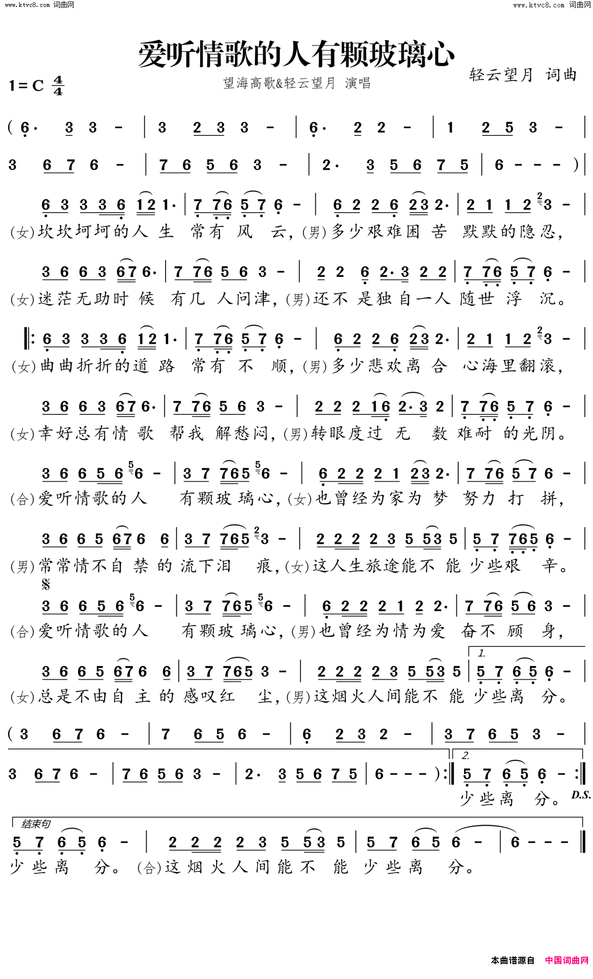 爱听情歌的人有颗玻璃心简谱-望海高歌演唱-轻云望月/轻云望月词曲1