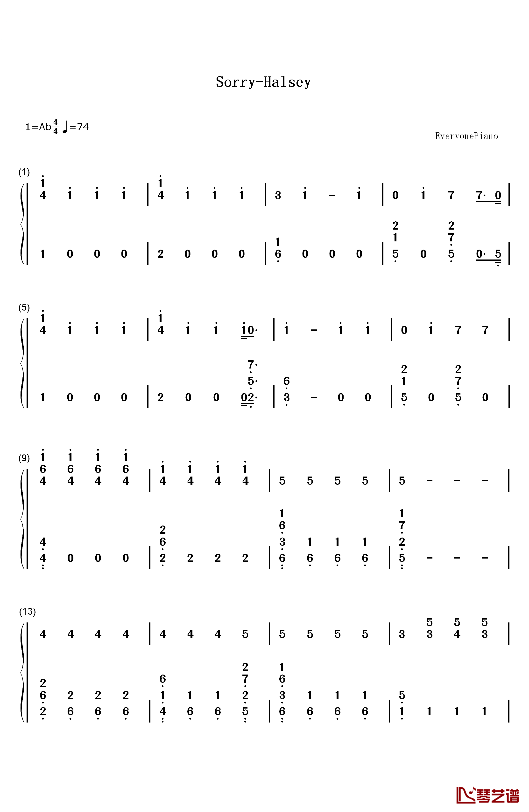 Sorry钢琴简谱-数字双手-Halsey1
