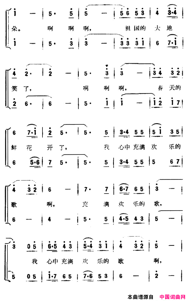 心中充满欢乐的歌电视片《青春晚会》插曲简谱1