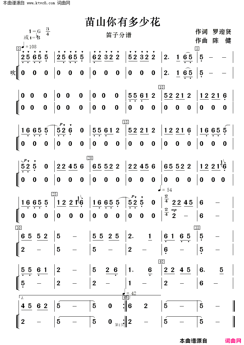 苖山你有多少花女声二重唱及伴奏总谱、分谱简谱1
