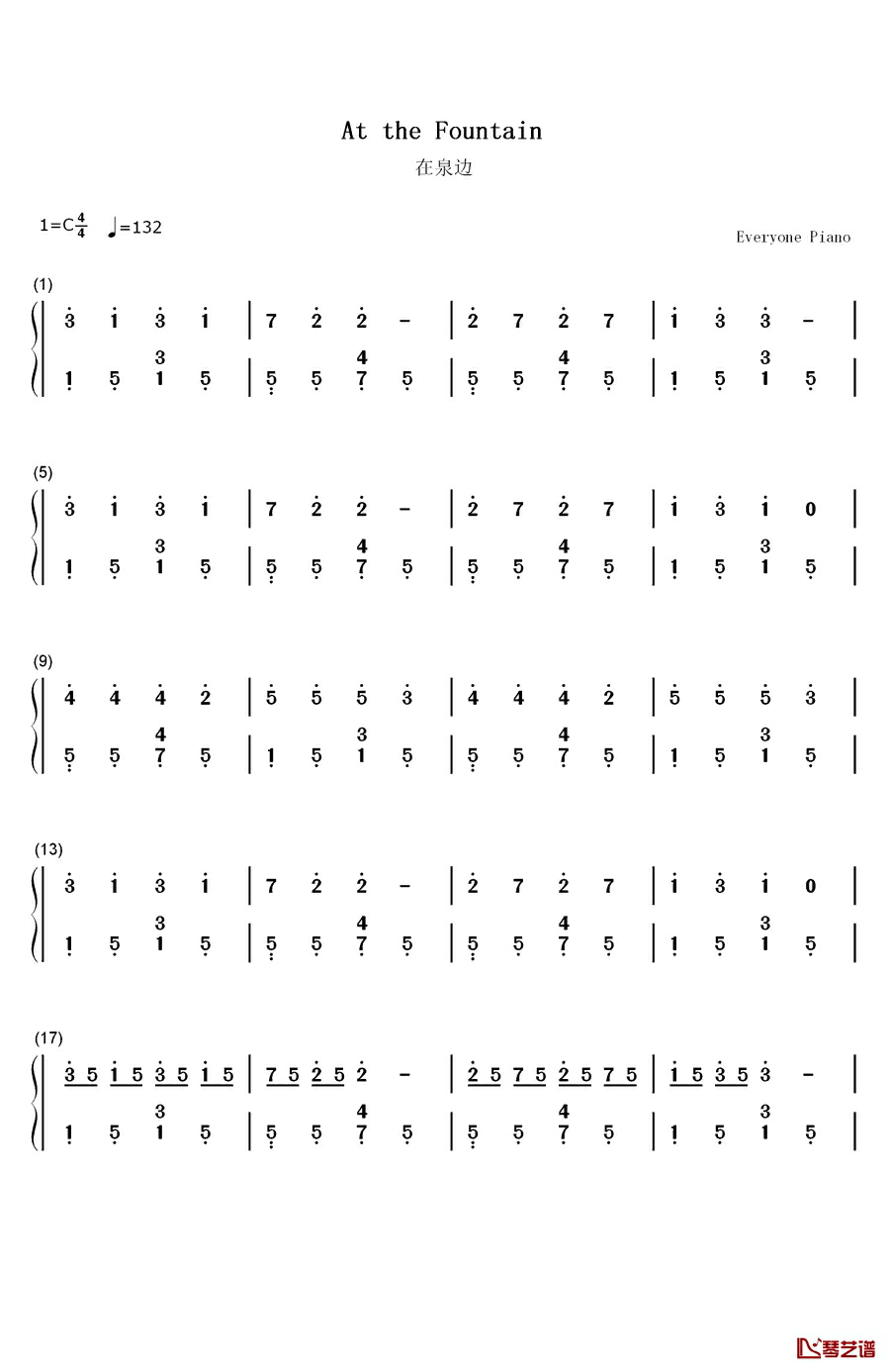 在泉边钢琴简谱-数字双手-TH. 奥斯廷1