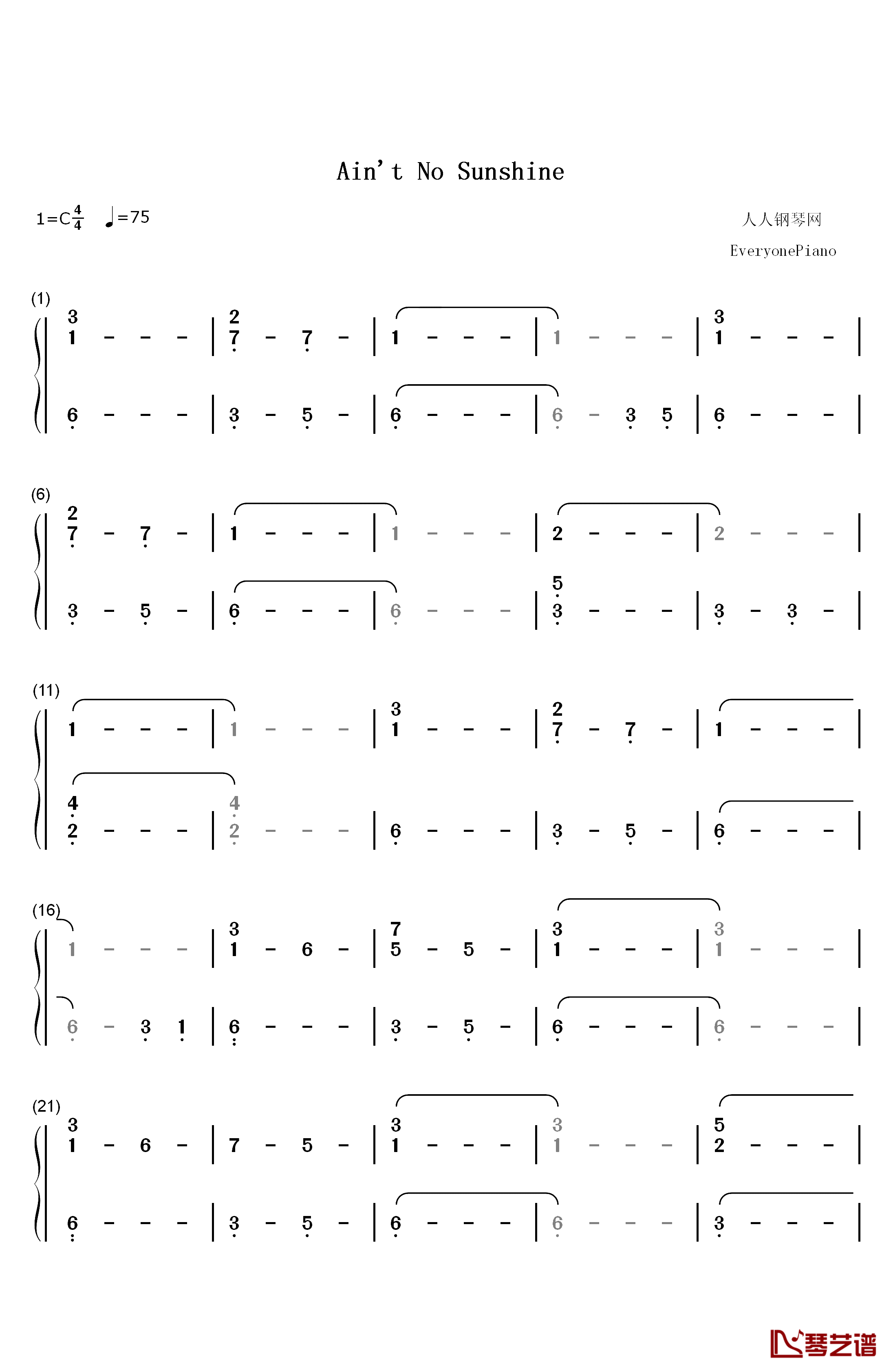 Aint No Sunshine钢琴简谱-数字双手-Bill Withers1