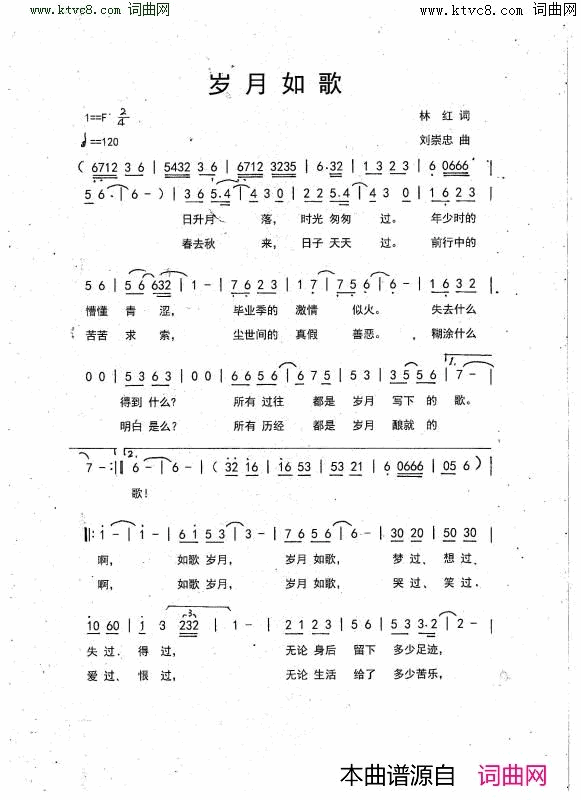 《岁月如歌》简谱 林红作词 刘崇忠作曲  第1页