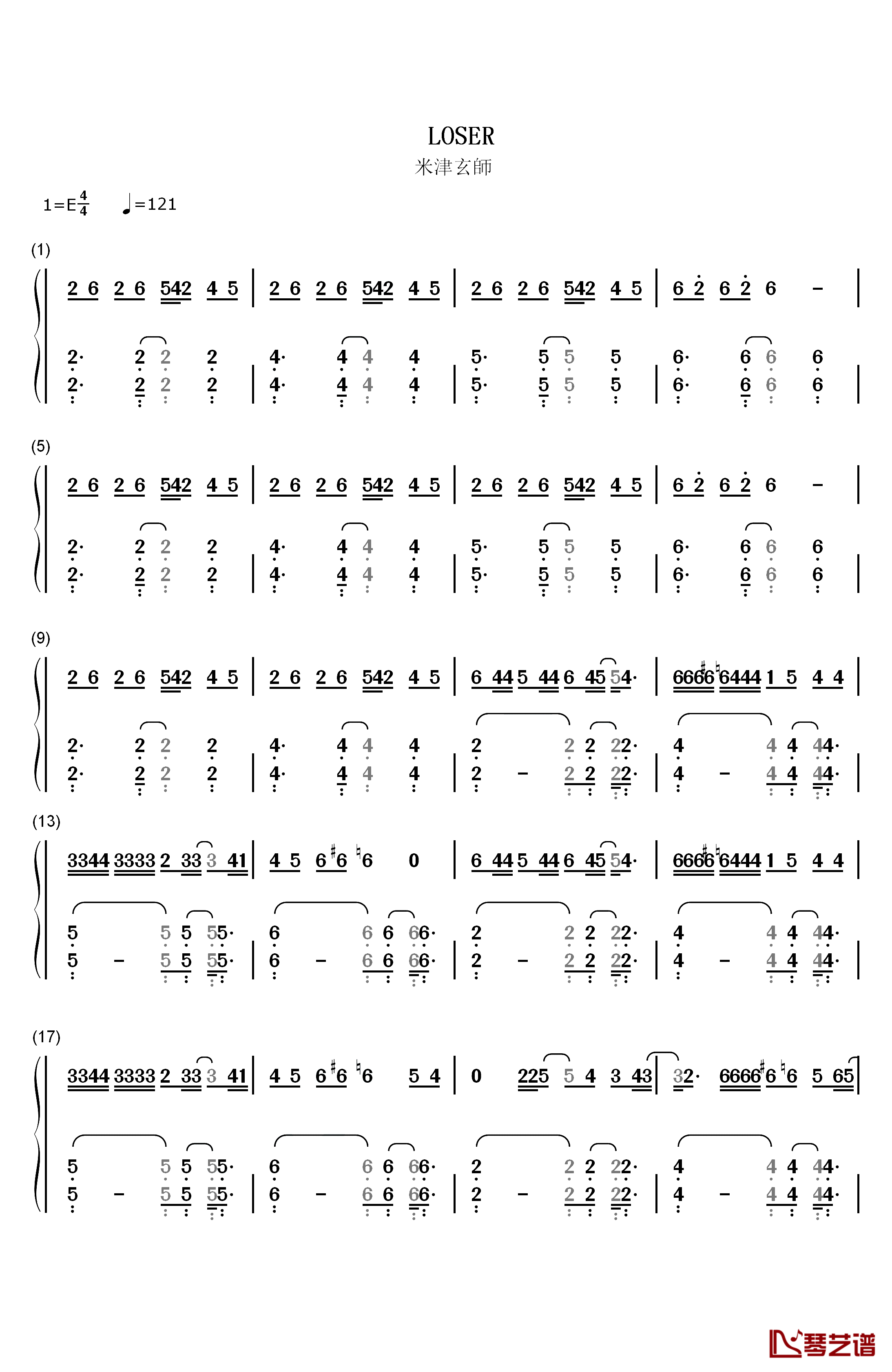 LOSER钢琴简谱-数字双手-米津玄师1