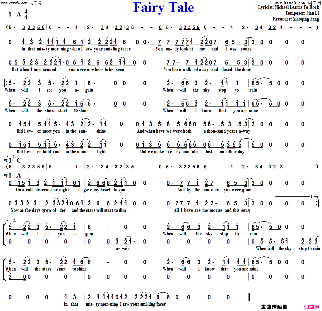 Fairy Tale简谱-MicharlLearnsToRock演唱-方小庆曲谱1