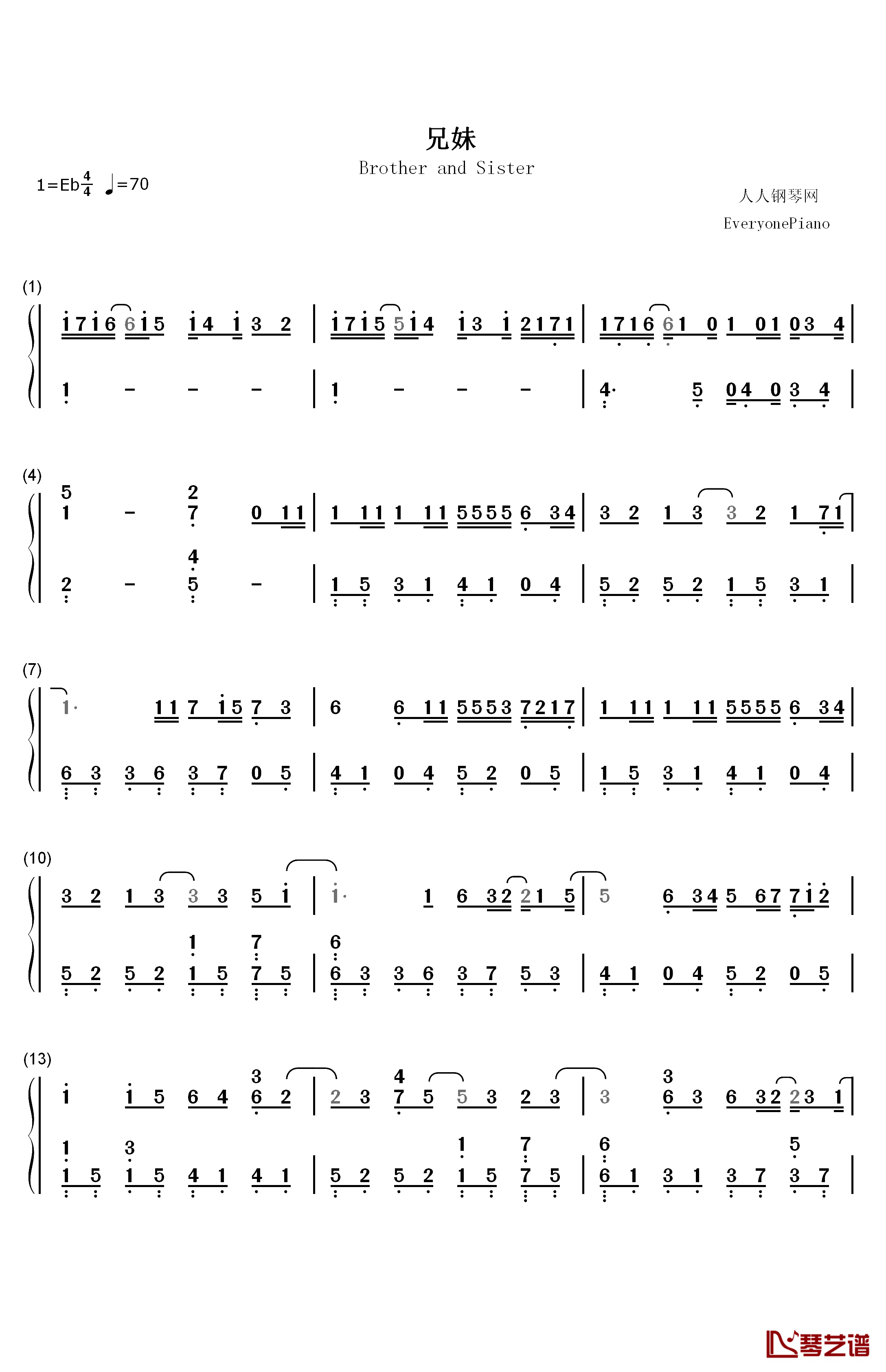 兄妹钢琴简谱-数字双手-陈奕迅1
