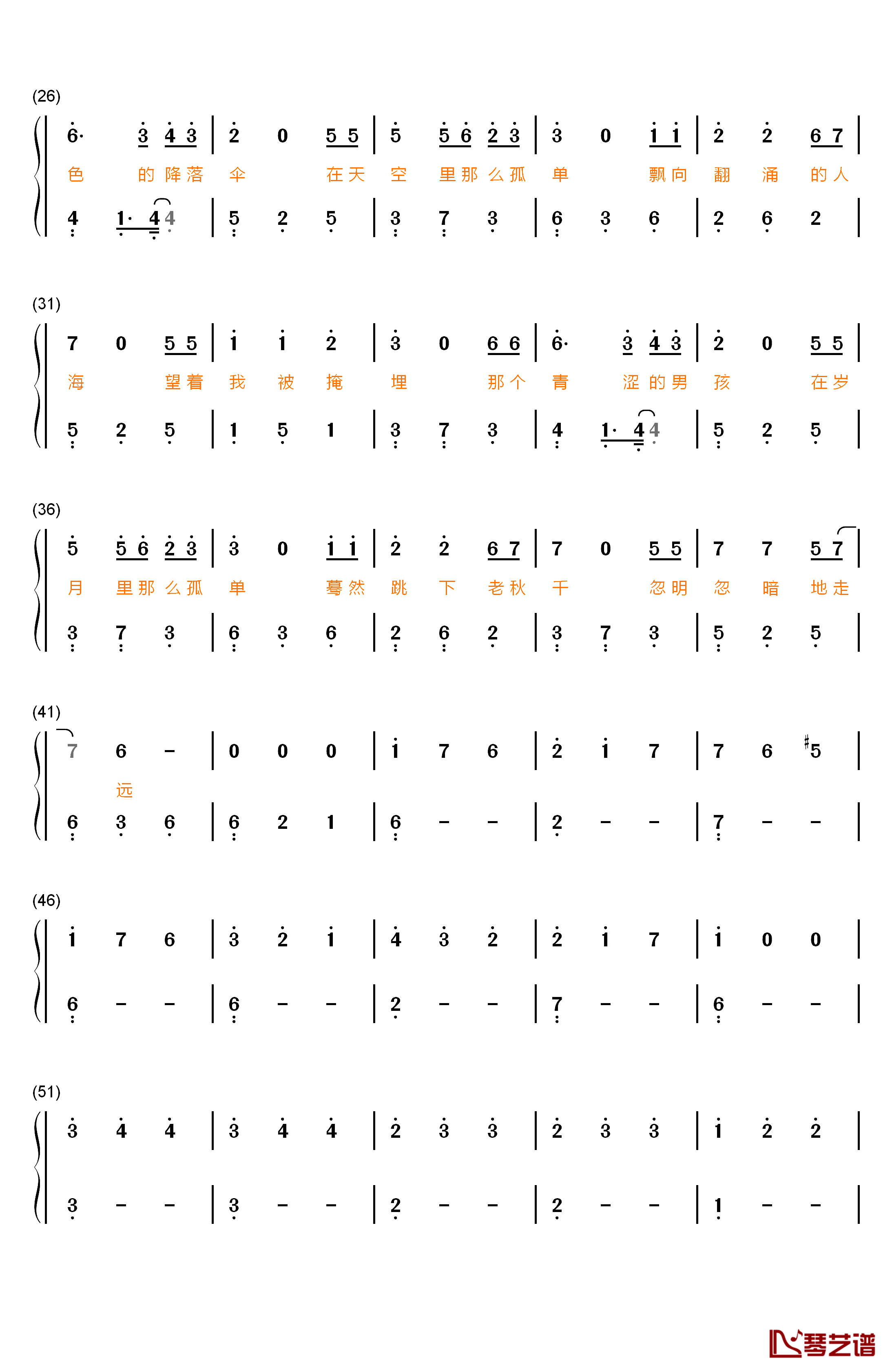 蓝色降落伞钢琴简谱-数字双手-周深2