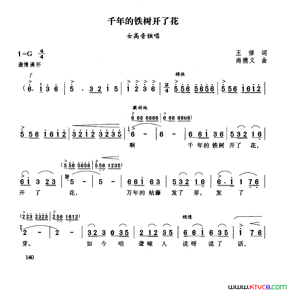 千年的铁树开了花王淖词尚德义曲简谱-孙家馨演唱-王淖/尚德义词曲1