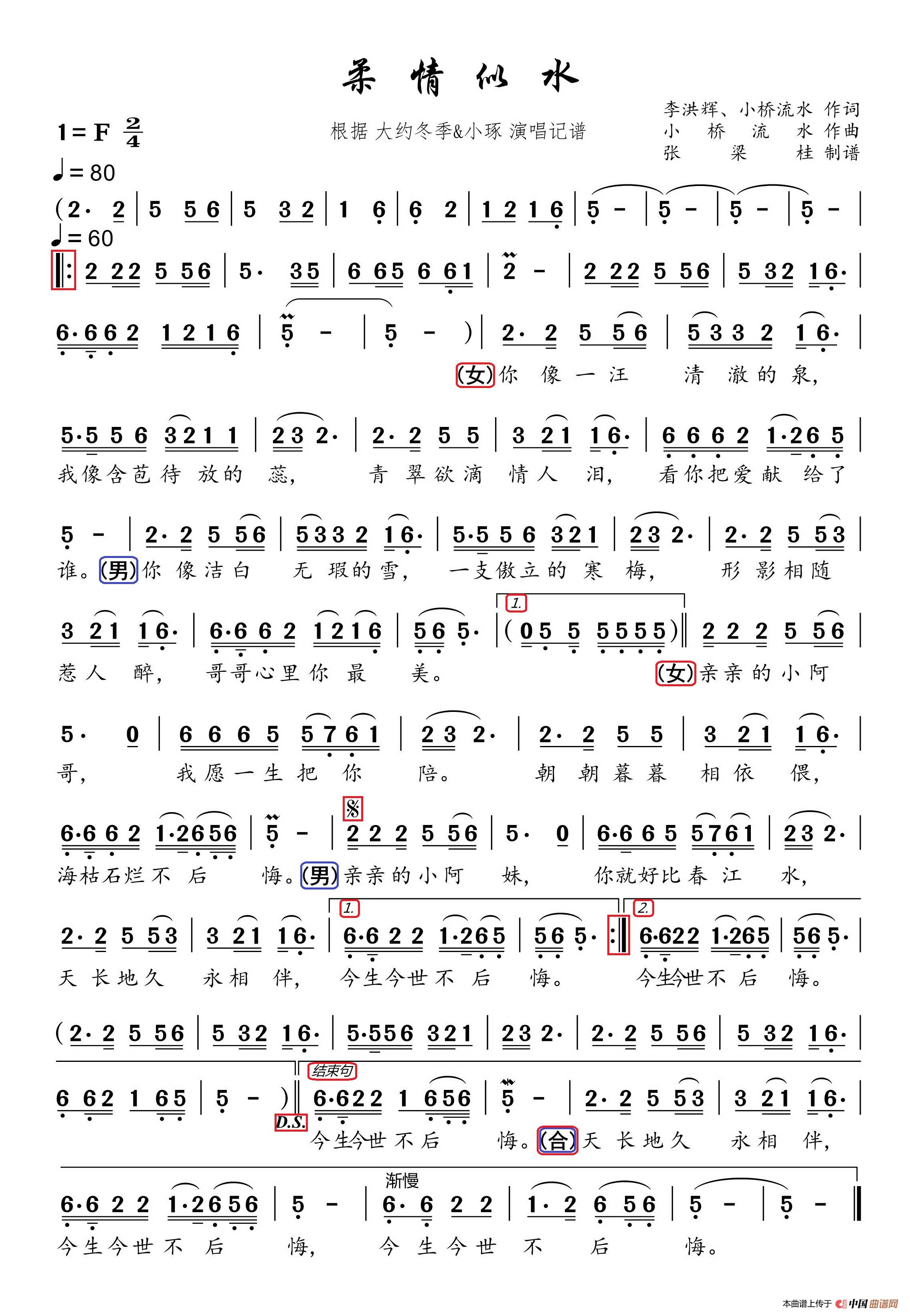 柔情似水（根据大约冬季&小琢演唱记谱）简谱-大约冬季&小琢演唱-博士制作曲谱1