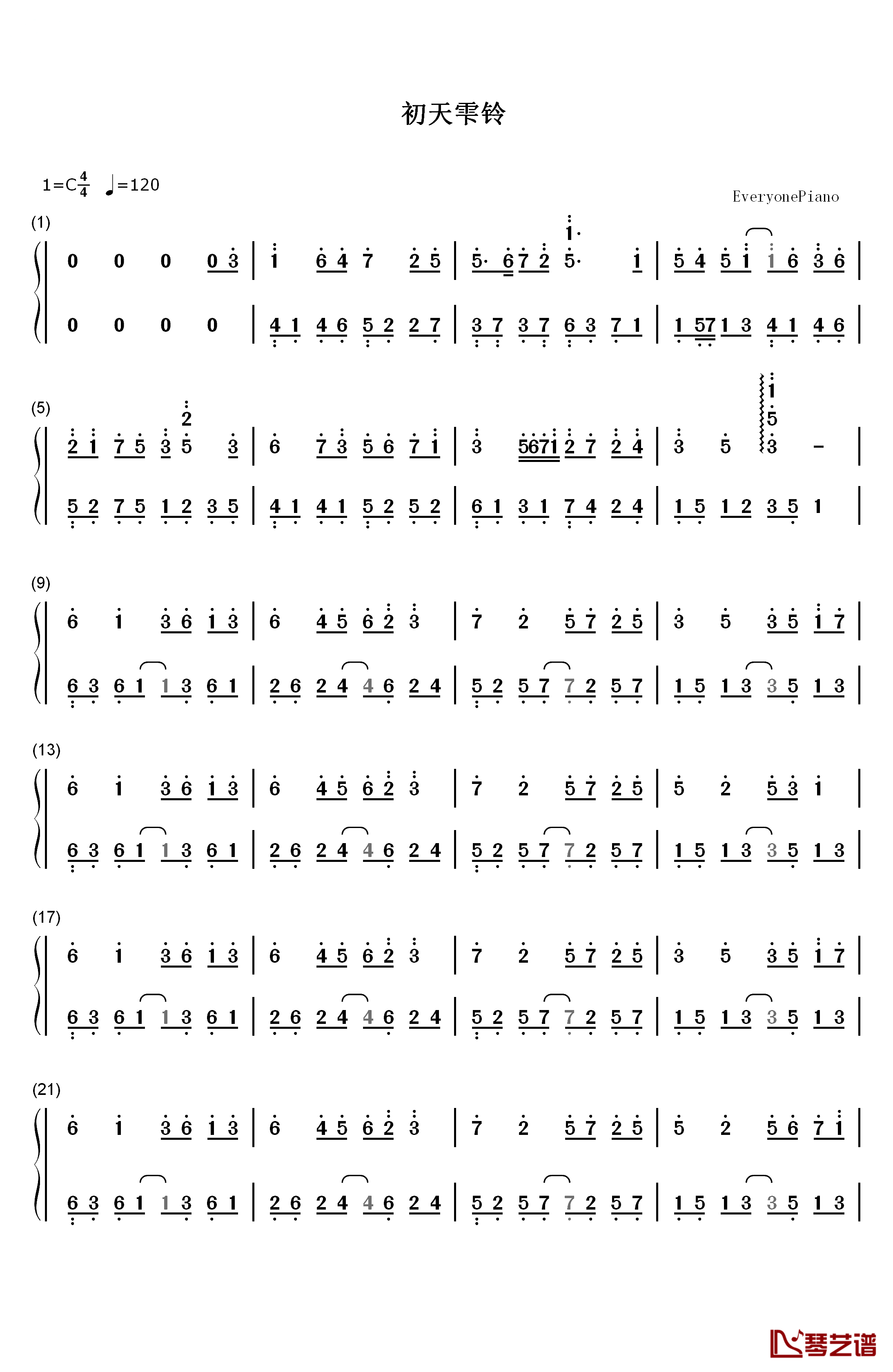 初天雫铃钢琴简谱-数字双手-初学者_1