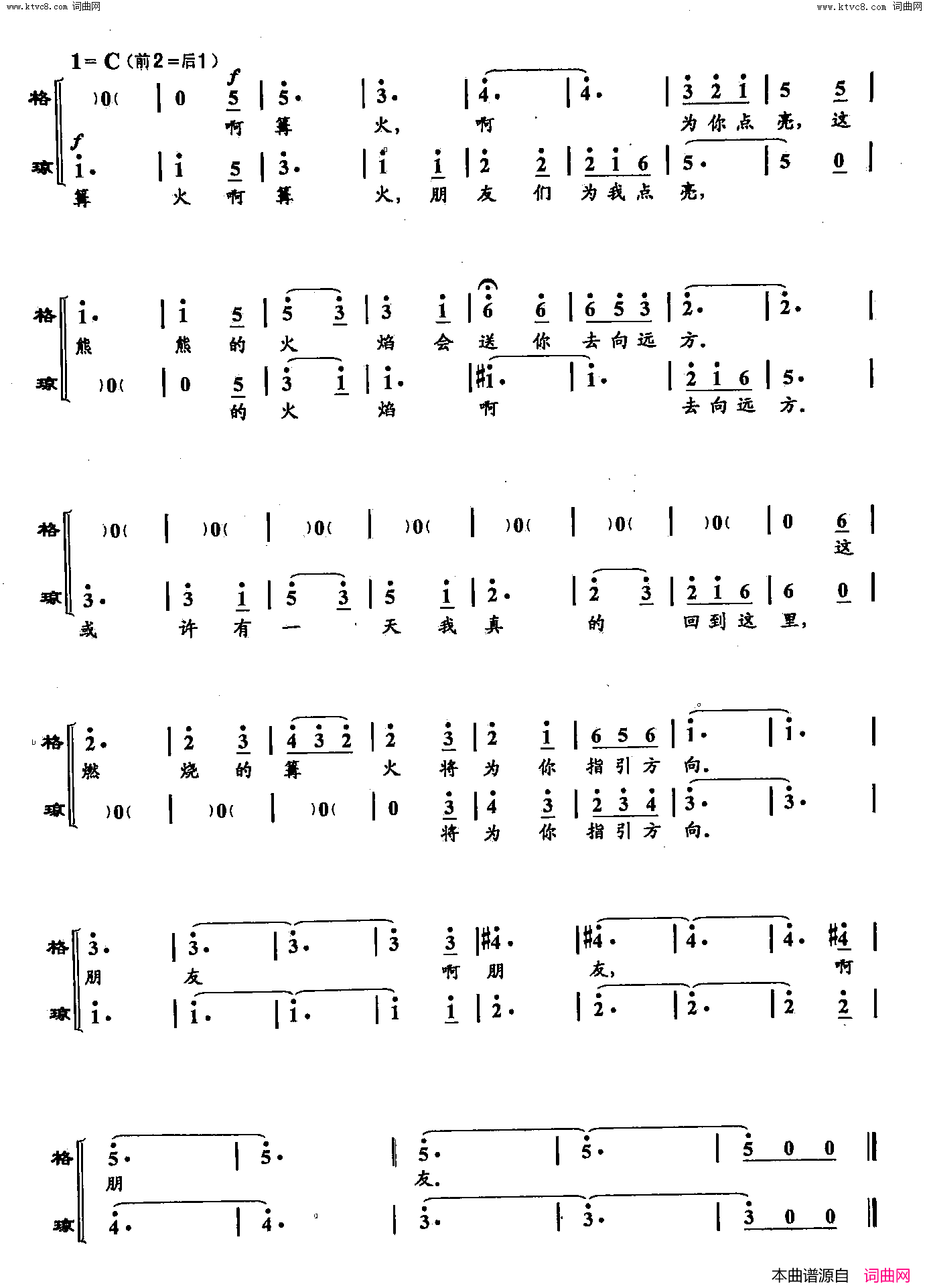 朋友，为你点亮篝火双谱歌剧《红河谷》选段简谱1