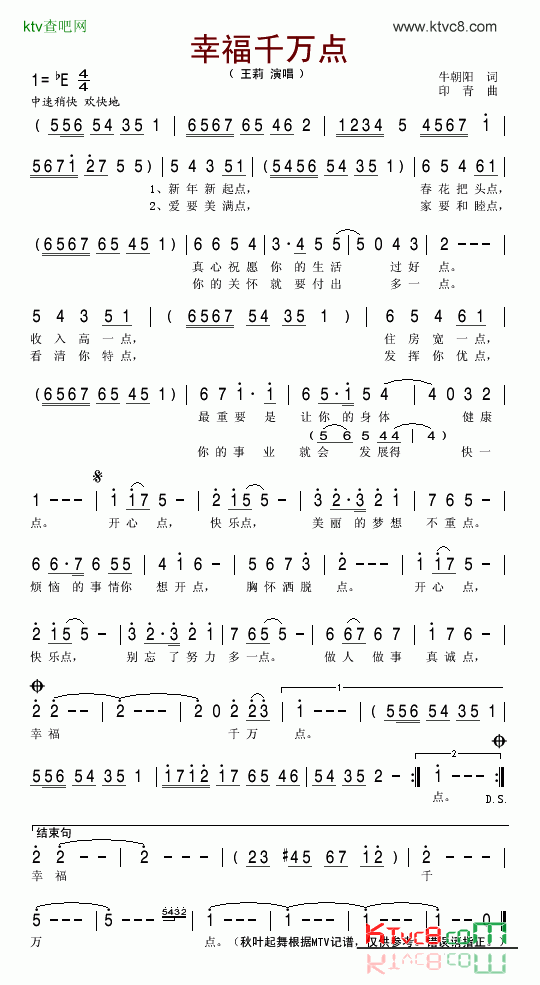 幸福千万点简谱-王莉演唱1