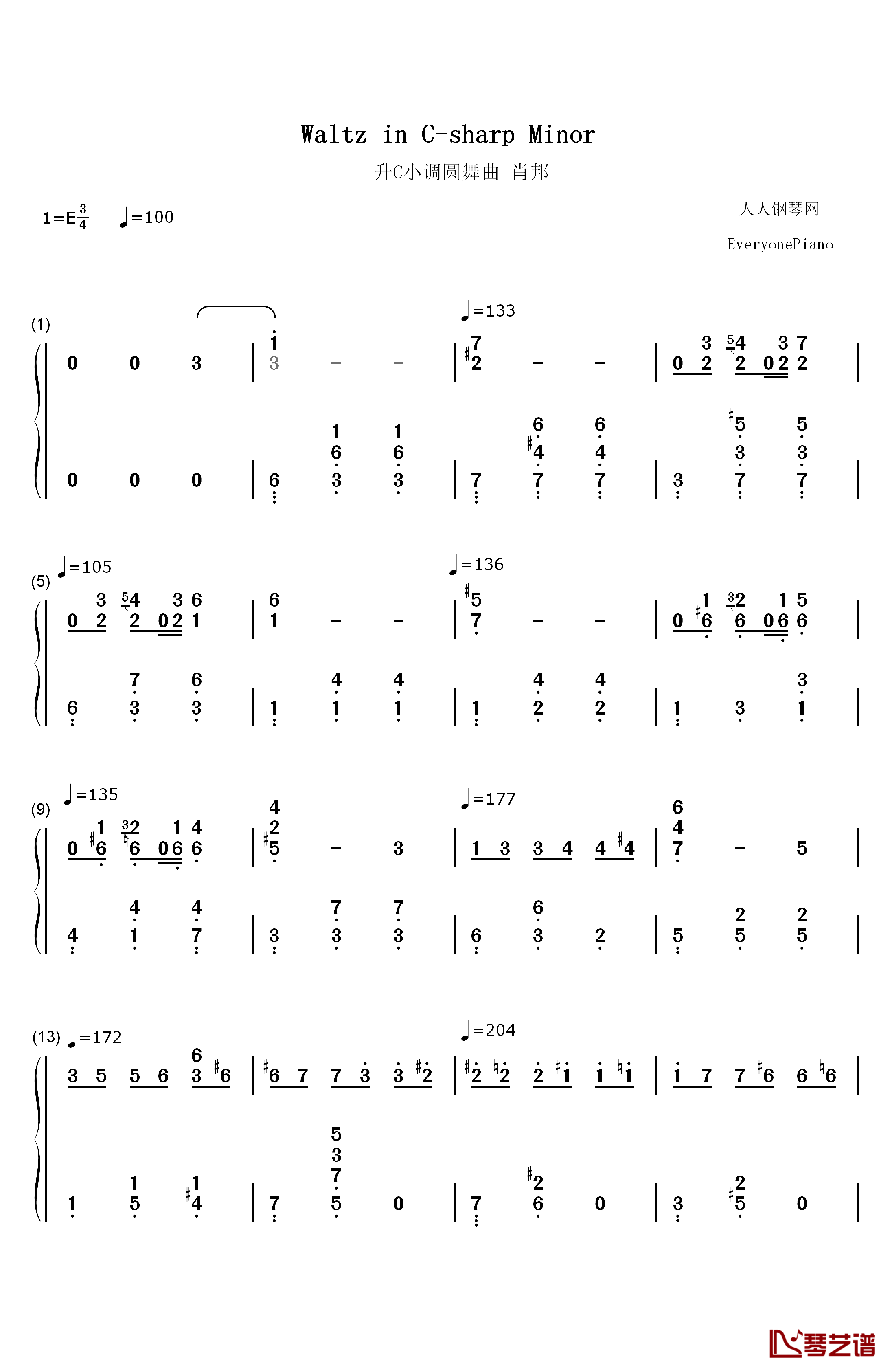 升C小调圆舞曲钢琴简谱-数字双手-肖邦1