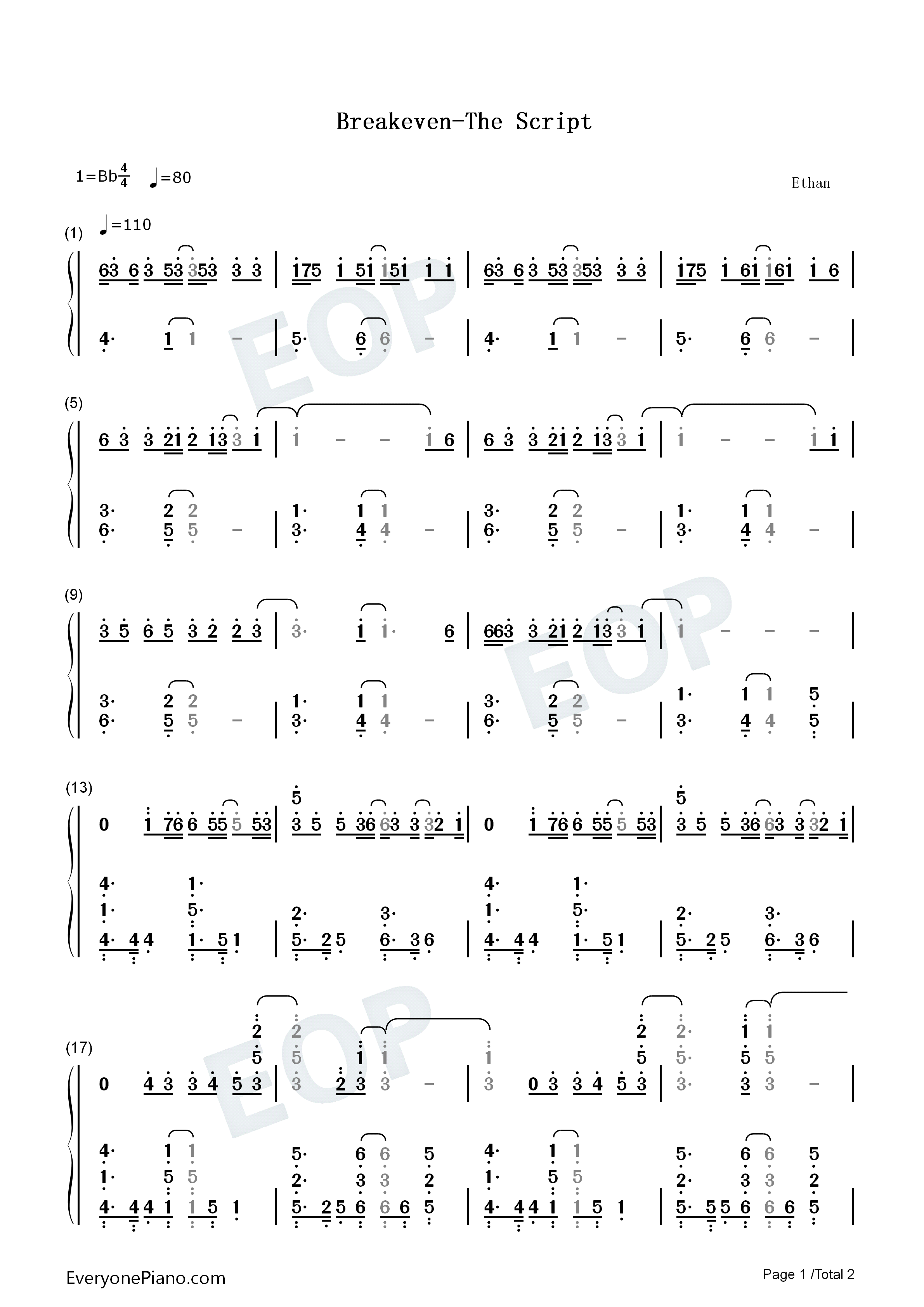 Breakeven钢琴简谱-The Script演唱1
