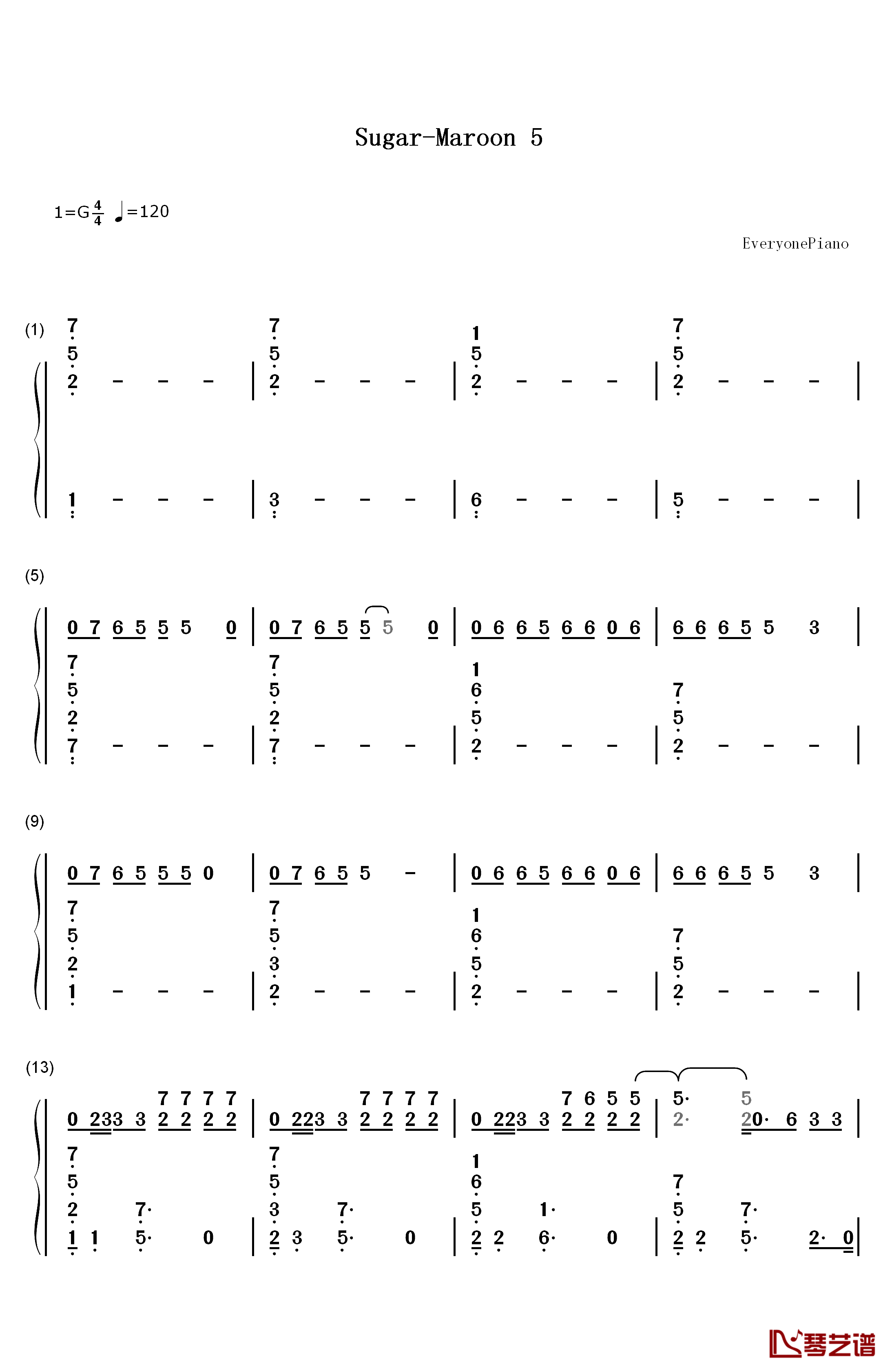 Sugar钢琴简谱-数字双手-Maroon 51