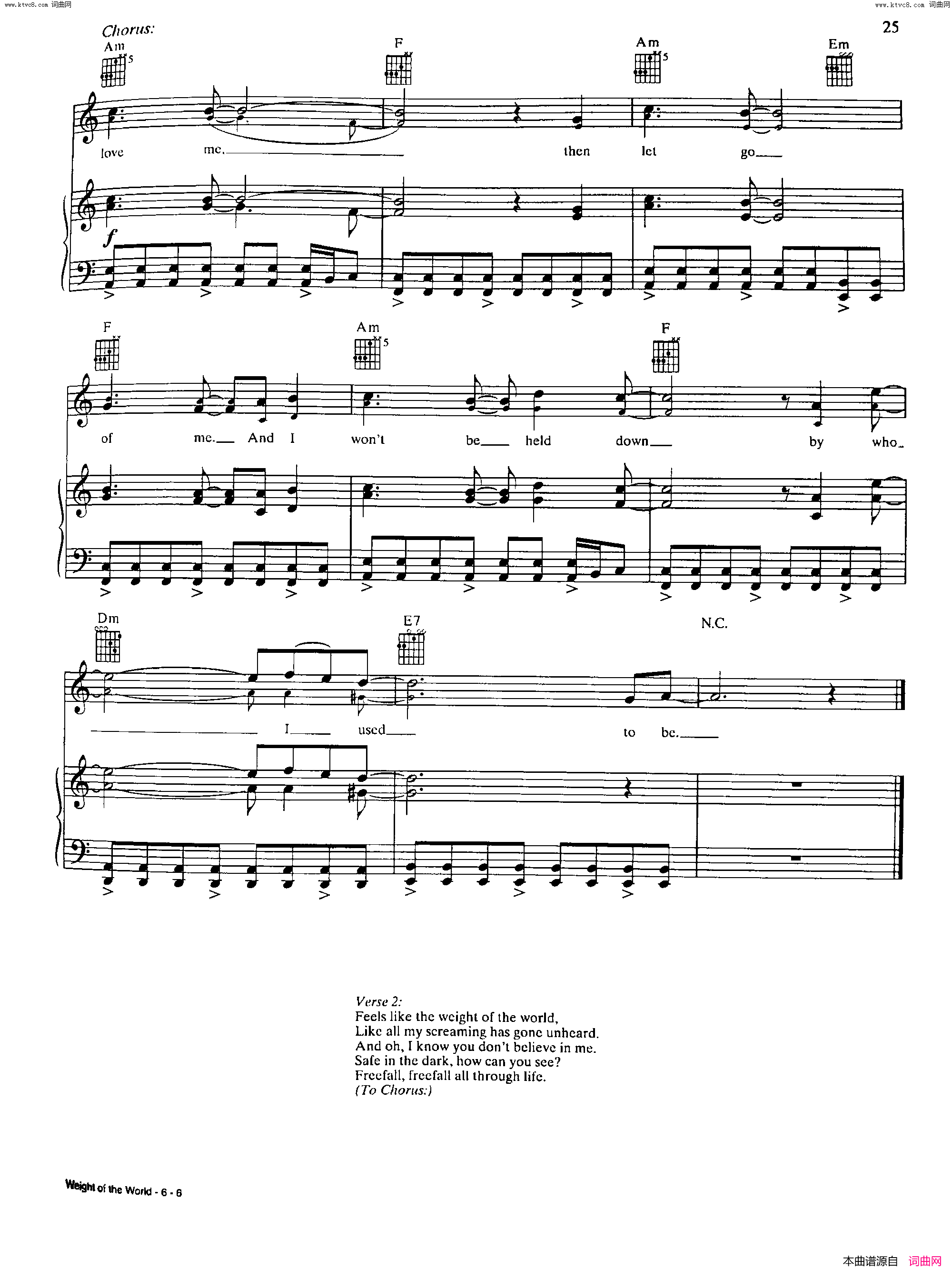 Weight Of The World歌曲 人声吉他钢琴谱简谱1