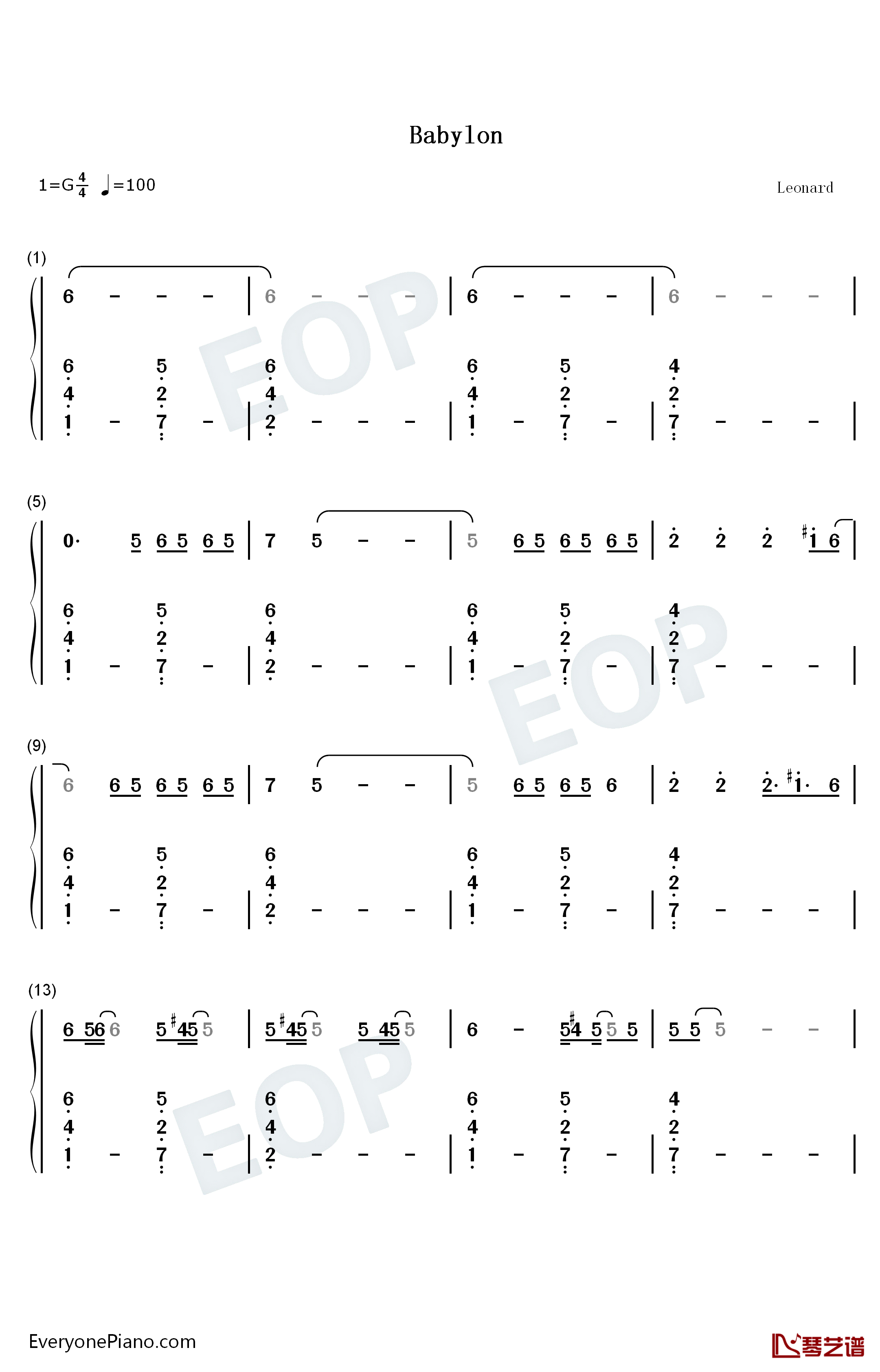 Babylon钢琴简谱-数字双手-Lady Gaga1