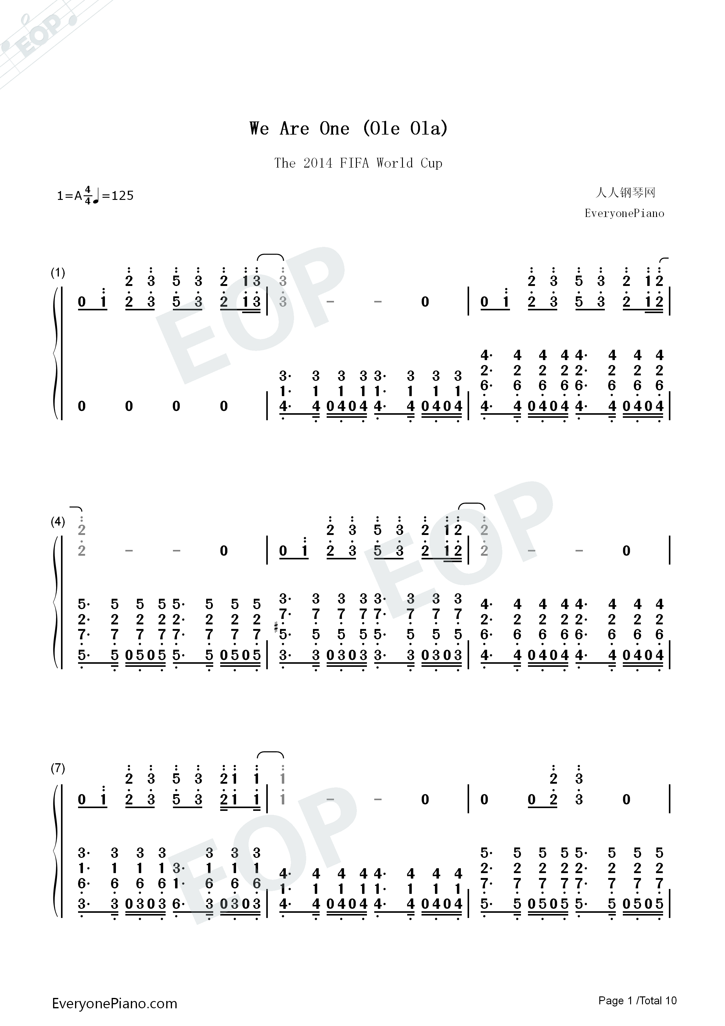 We Are One (Ole Ola)钢琴简谱-Pitbull演唱1