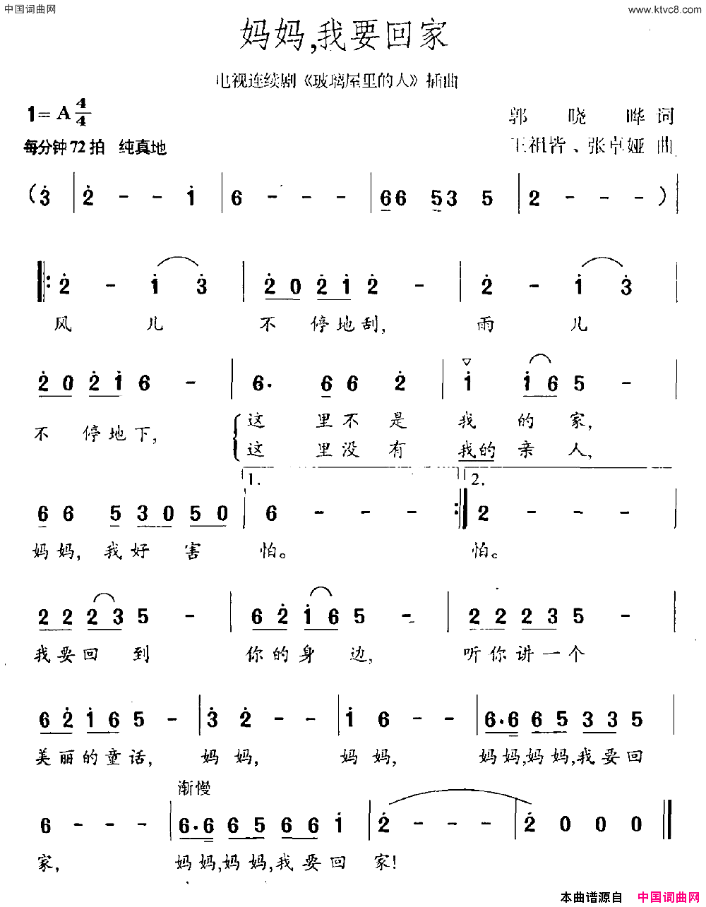 妈妈，我要回家连续剧《玻璃屋里的人》插曲简谱1
