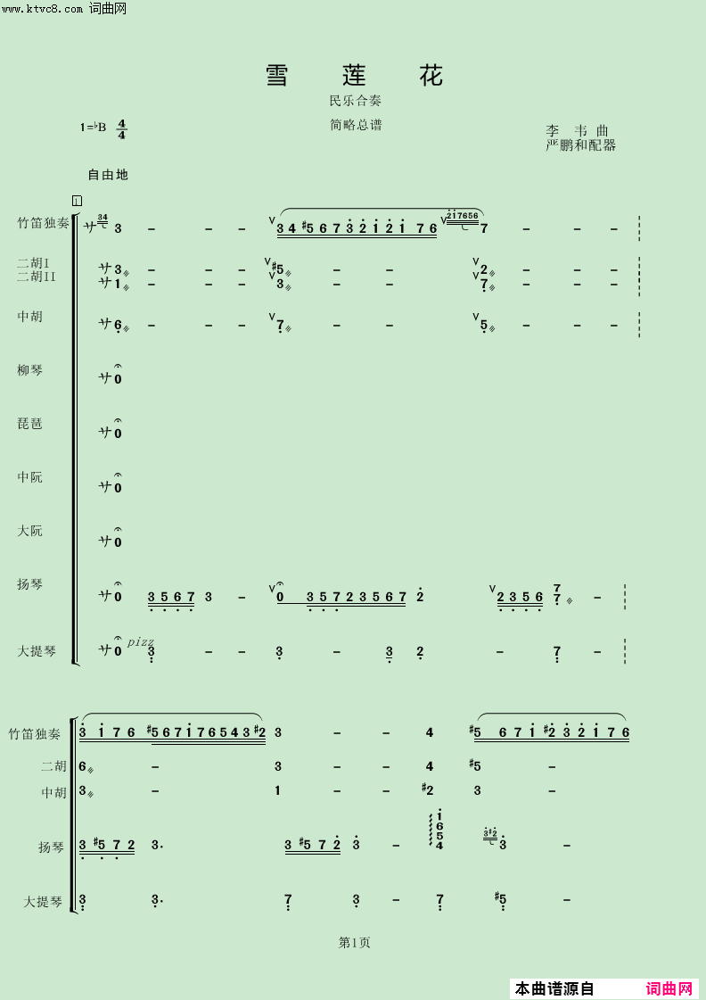 《雪莲花(民乐小合奏（用Kong Audio音源制作）)》简谱 无作词 李韋作曲 严鹏和MIDI演唱 严鹏和编曲  第1页