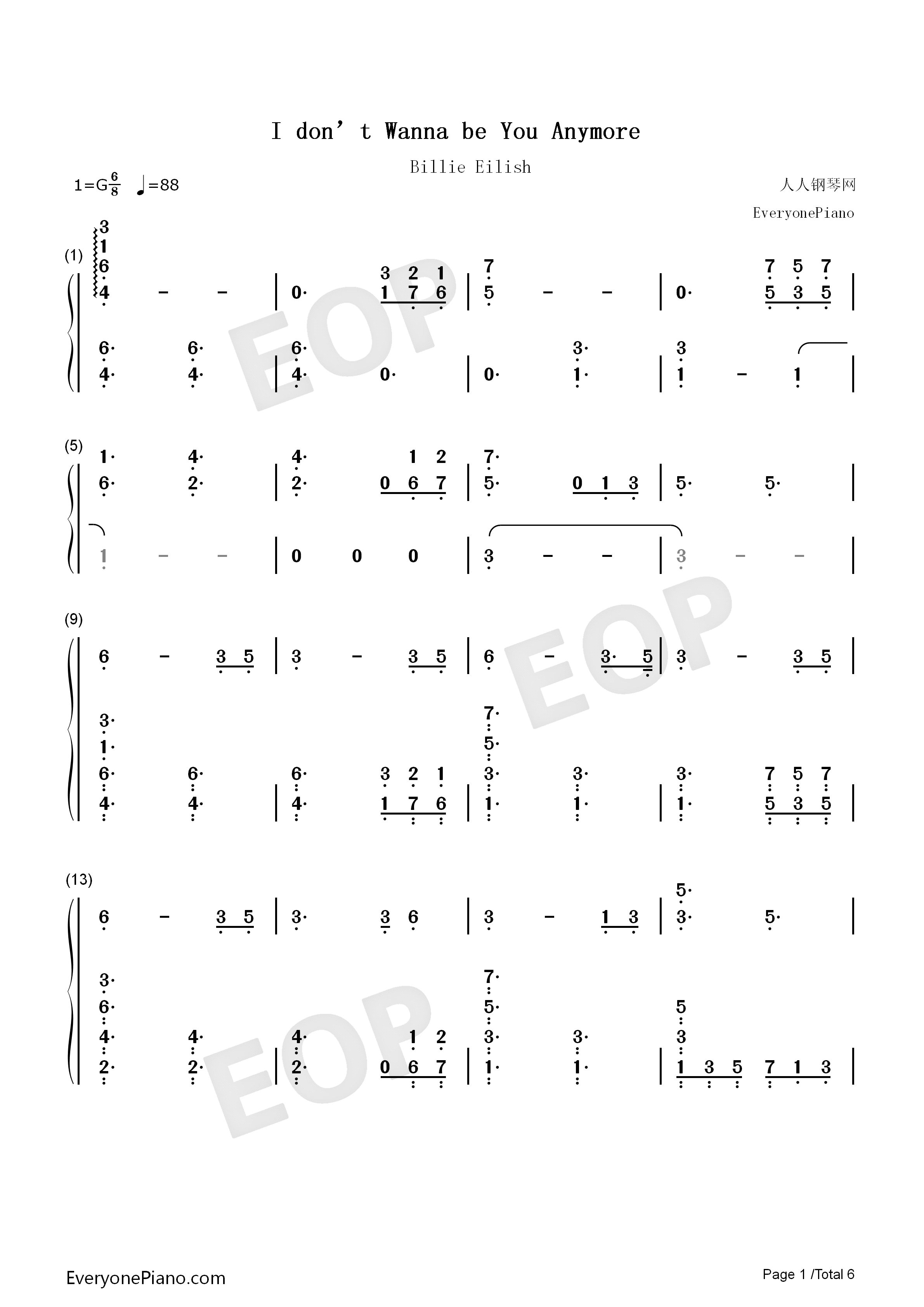 Idontwannabeyouanymore钢琴简谱-Billie Eilish演唱1
