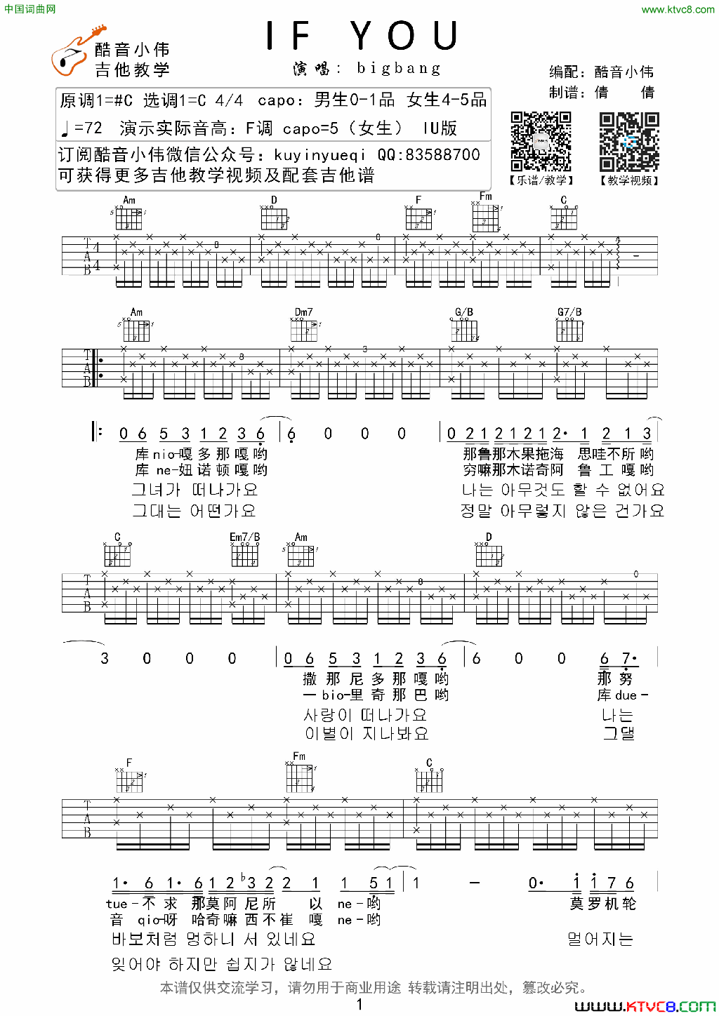 ifyou酷音小伟C调指法编配if you酷音小伟C调指法编配简谱1