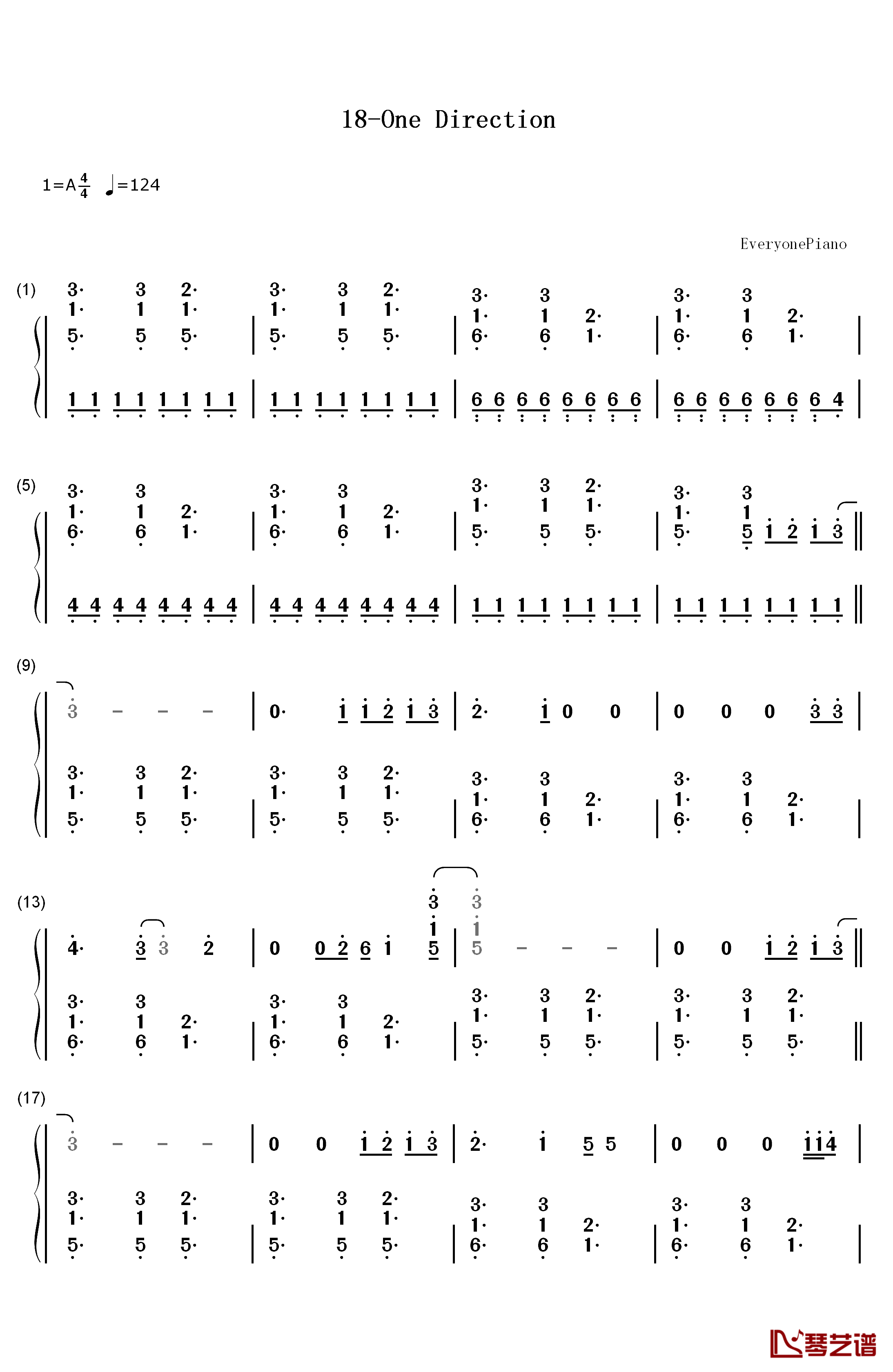 18钢琴简谱-数字双手-One Direction1