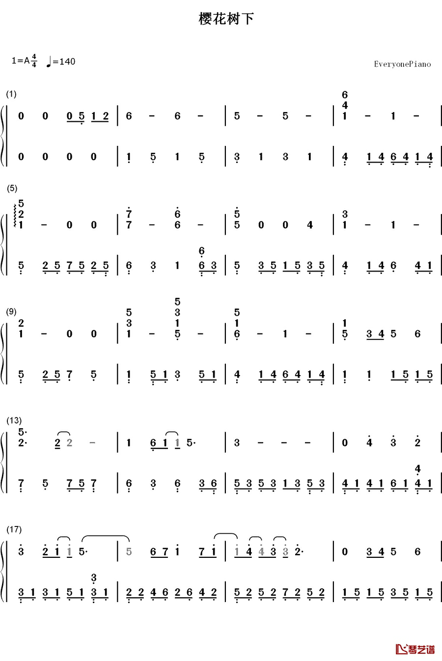 樱花树下钢琴简谱-数字双手-张敬轩1