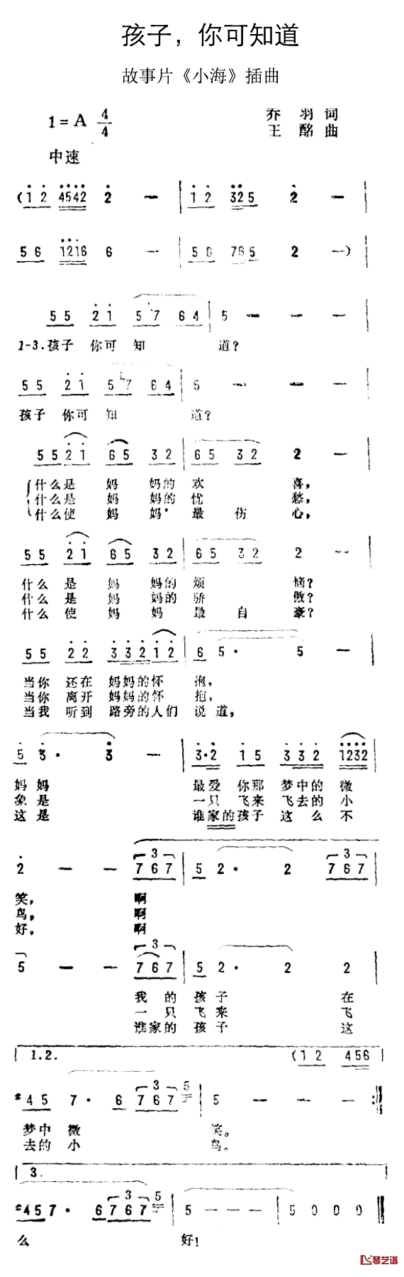 孩子，你可知道简谱-故事片《小海》插曲朱逢博-1