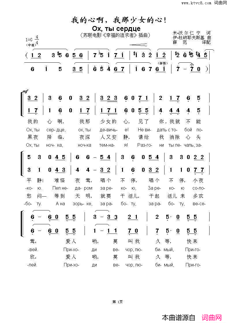 我的心啊，我那少女的心！Охтысердце中俄简谱简谱1