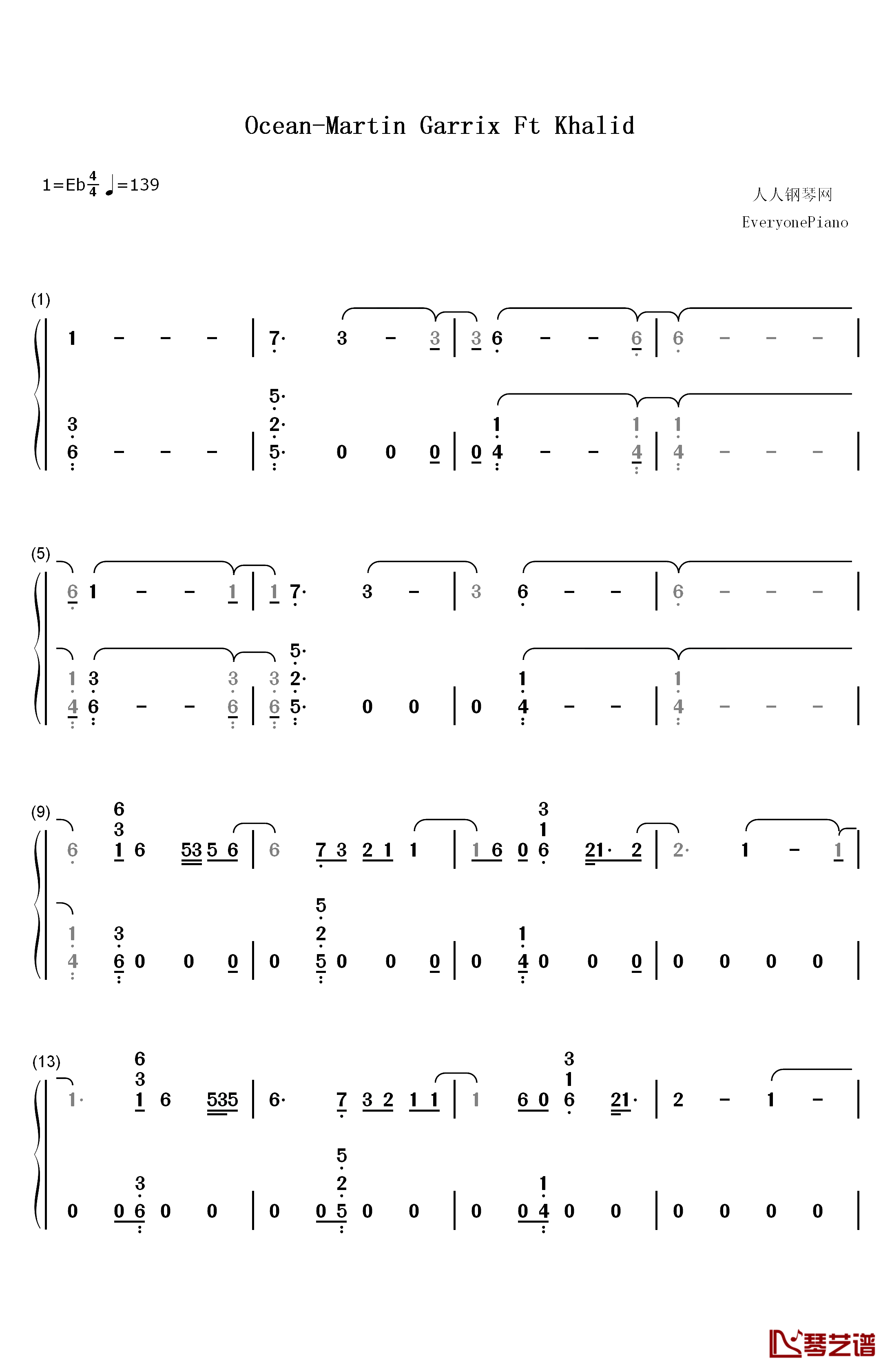 Ocean钢琴简谱-数字双手-Martin Garrix Khalid1