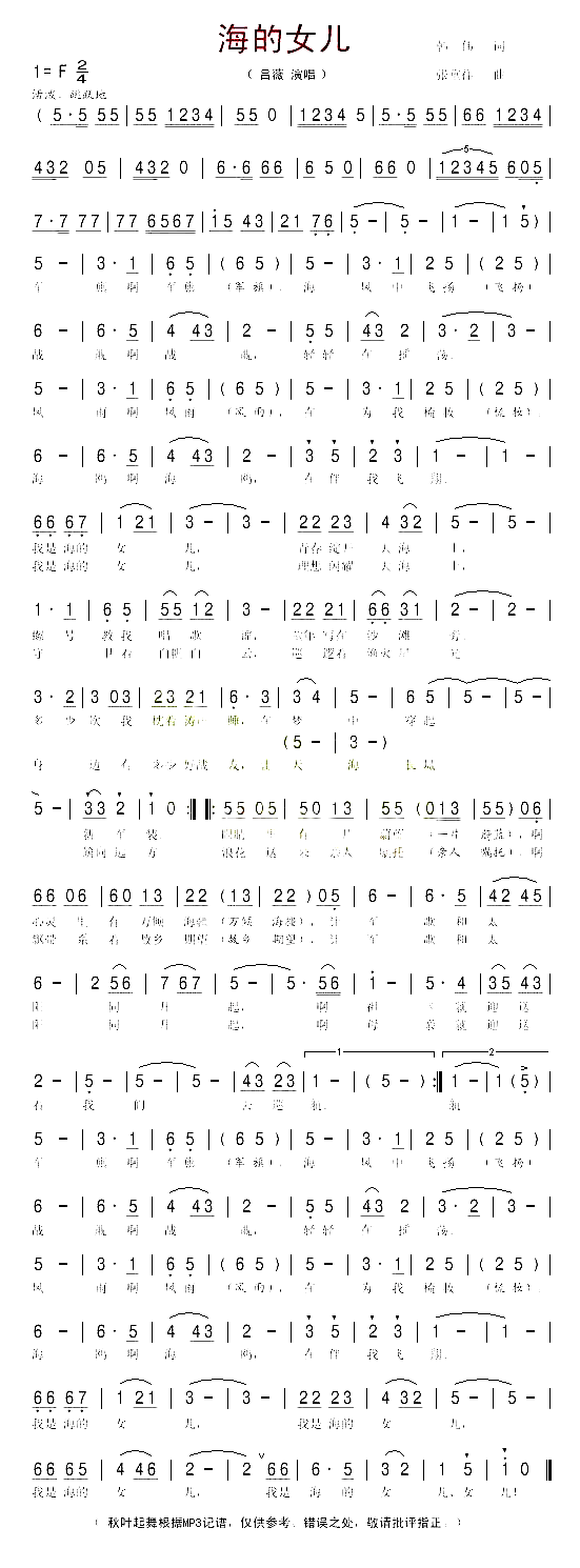 海的女儿简谱-吕薇演唱-韩伟词曲1