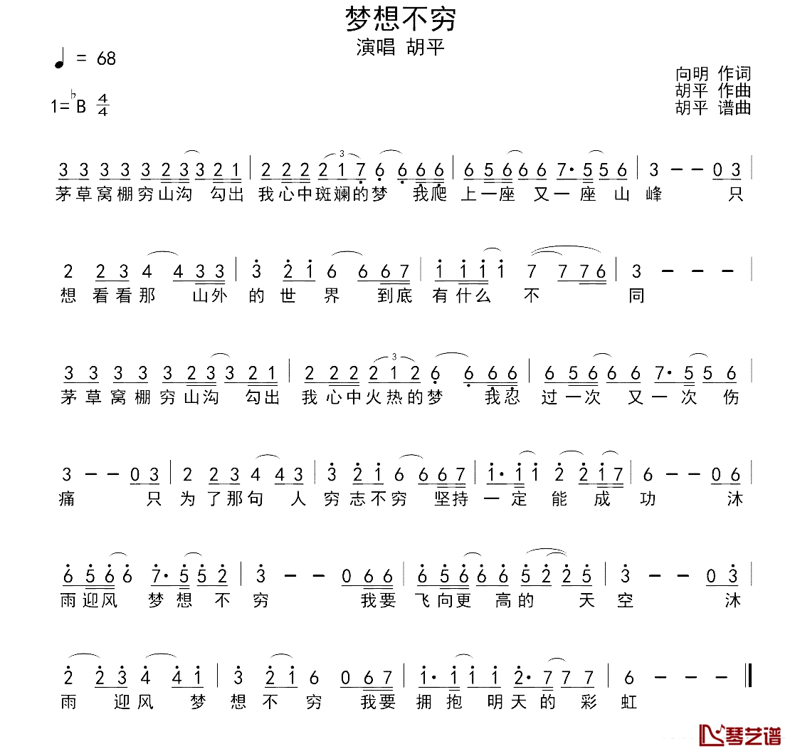 梦想不穷简谱-胡平演唱1