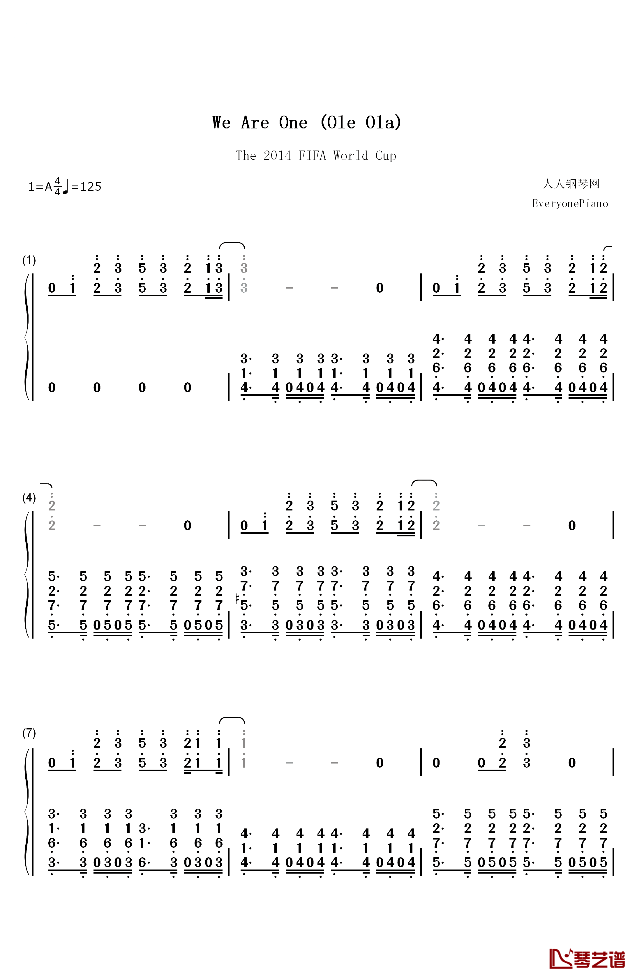We Are One (Ole Ola)钢琴简谱-数字双手-Pitbull1