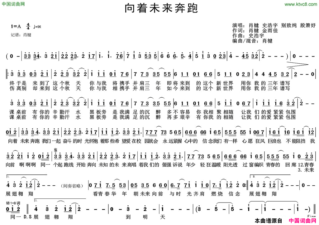 向着未来奔跑简谱-肖楗演唱-肖楗、金雨佳/史浩宇词曲1