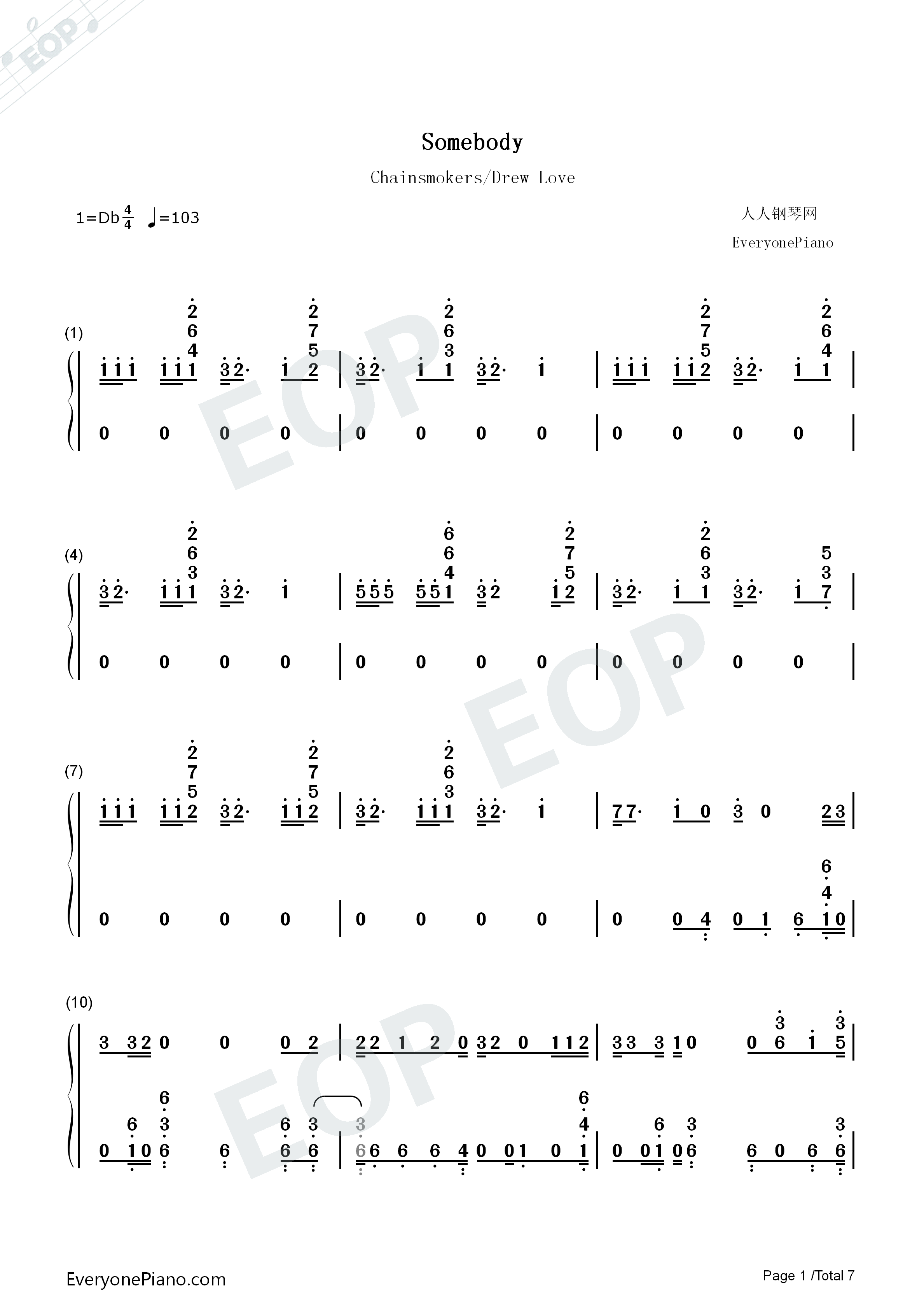 Somebody钢琴简谱-The Chainsmokers Drew Love演唱1