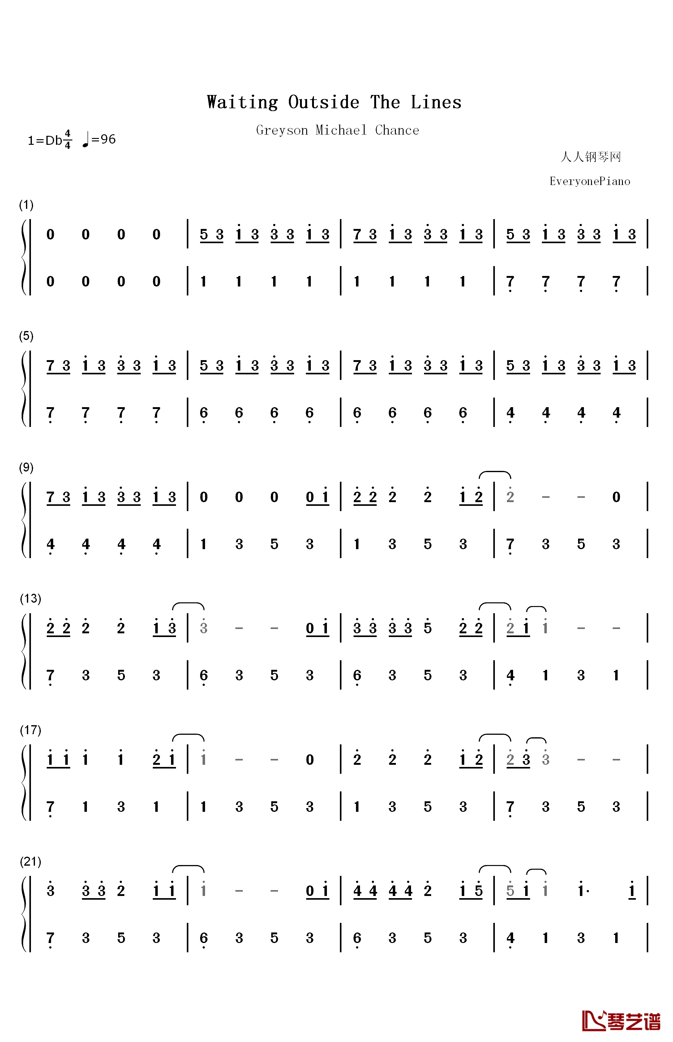 Waiting Outside The Lines钢琴简谱-数字双手-Greyson Chance  格雷森·蔡斯1