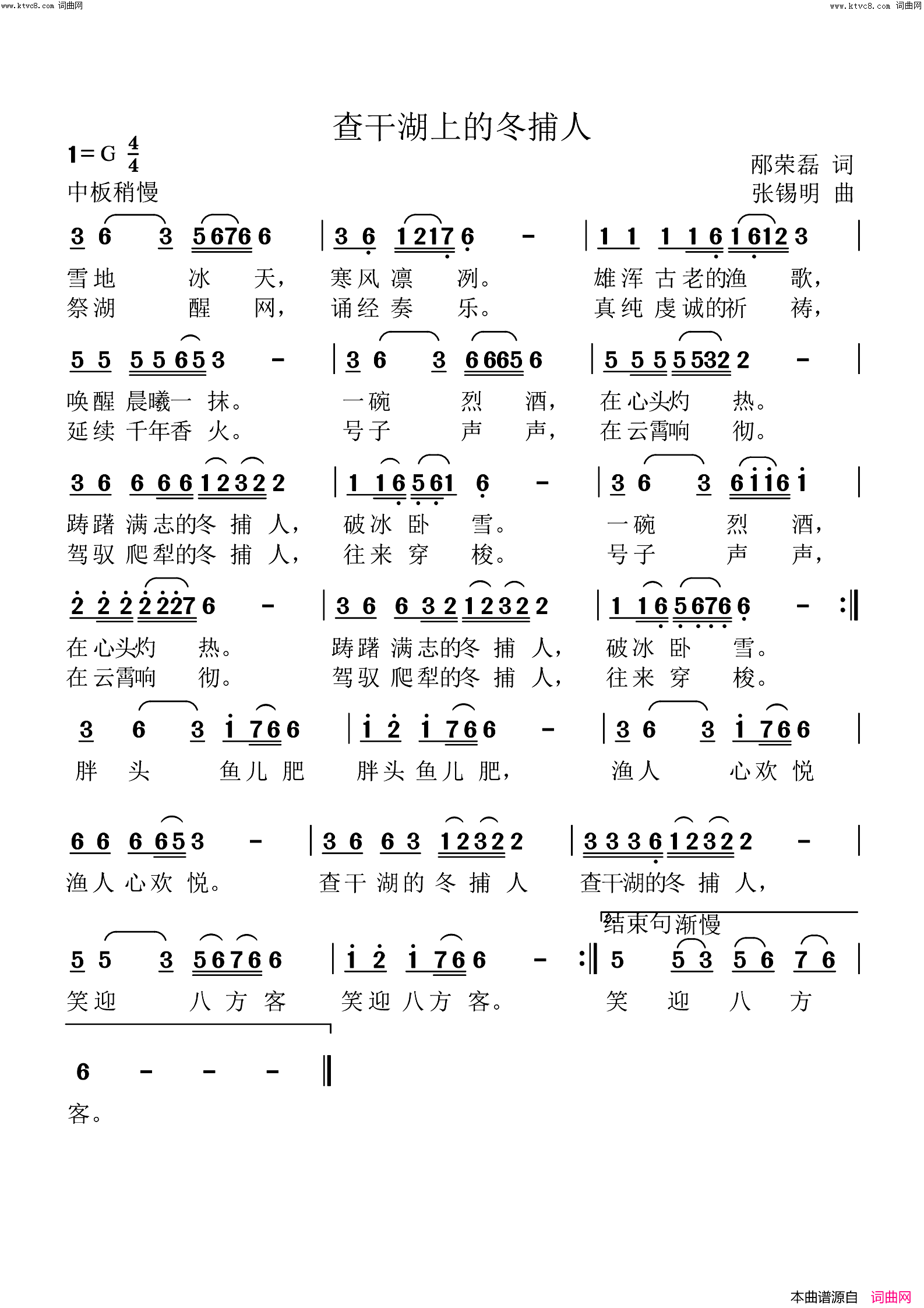 查干湖上的冬捕人简谱-张锡明曲谱1