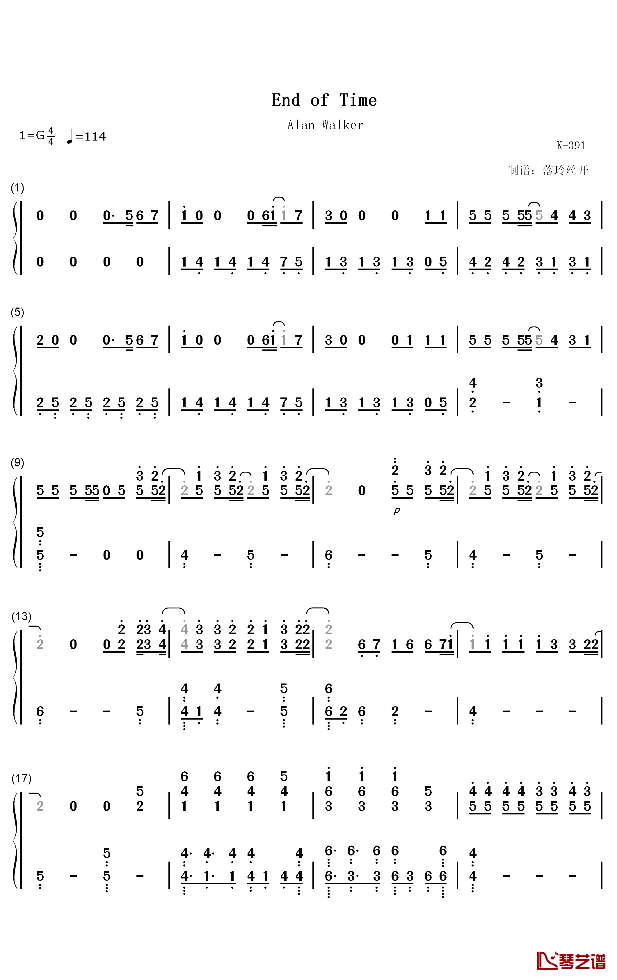 End of Time钢琴简谱-数字双手-Alan Walker K-391 Ahrix1
