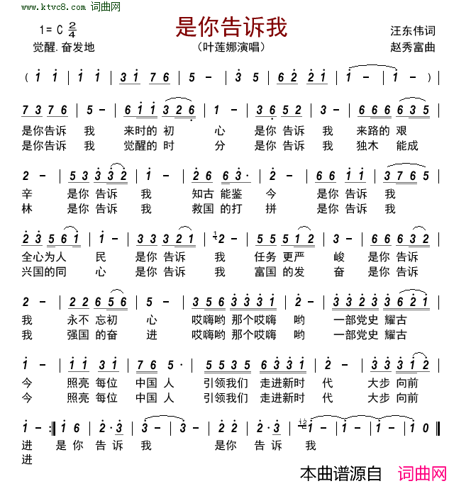 是你告诉我简谱-叶莲娜演唱-汪东伟/赵秀富词曲1