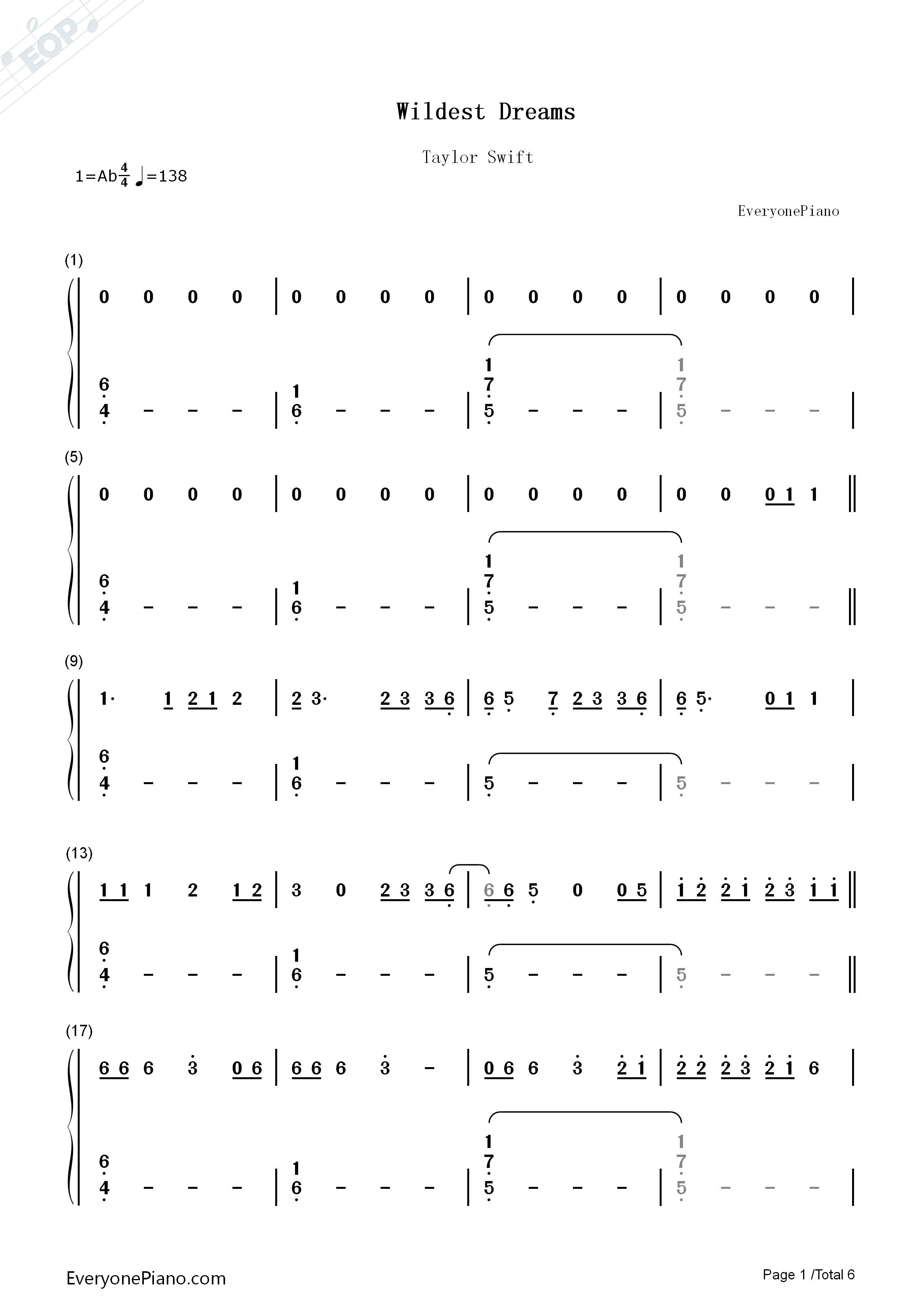 Wildest Dreams钢琴简谱-Taylor Swift演唱1